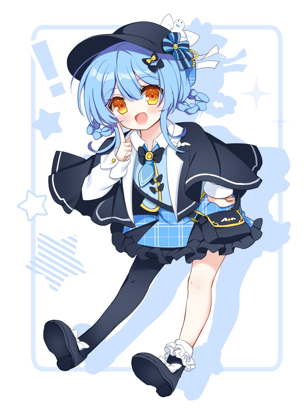 shikito (yawa0w0), tachibana sherry, mahou shoujo no majo saiban, highres, 1girl, asymmetrical legwear, bag, bird hat ornament, black bag, black pantyhose, black shoes, blue hair, blue necktie, blue skirt, bobby socks, braid, braided hair rings, capelet, deerstalker, detective, frilled skirt, frills, hair rings, hat, looking at viewer, messenger bag, necktie, open mouth, pantyhose, plaid clothes, plaid skirt, shoes, short hair, shoulder bag, single leg pantyhose, skirt, smile, socks, solo, two-tone background, white socks, yellow eyes