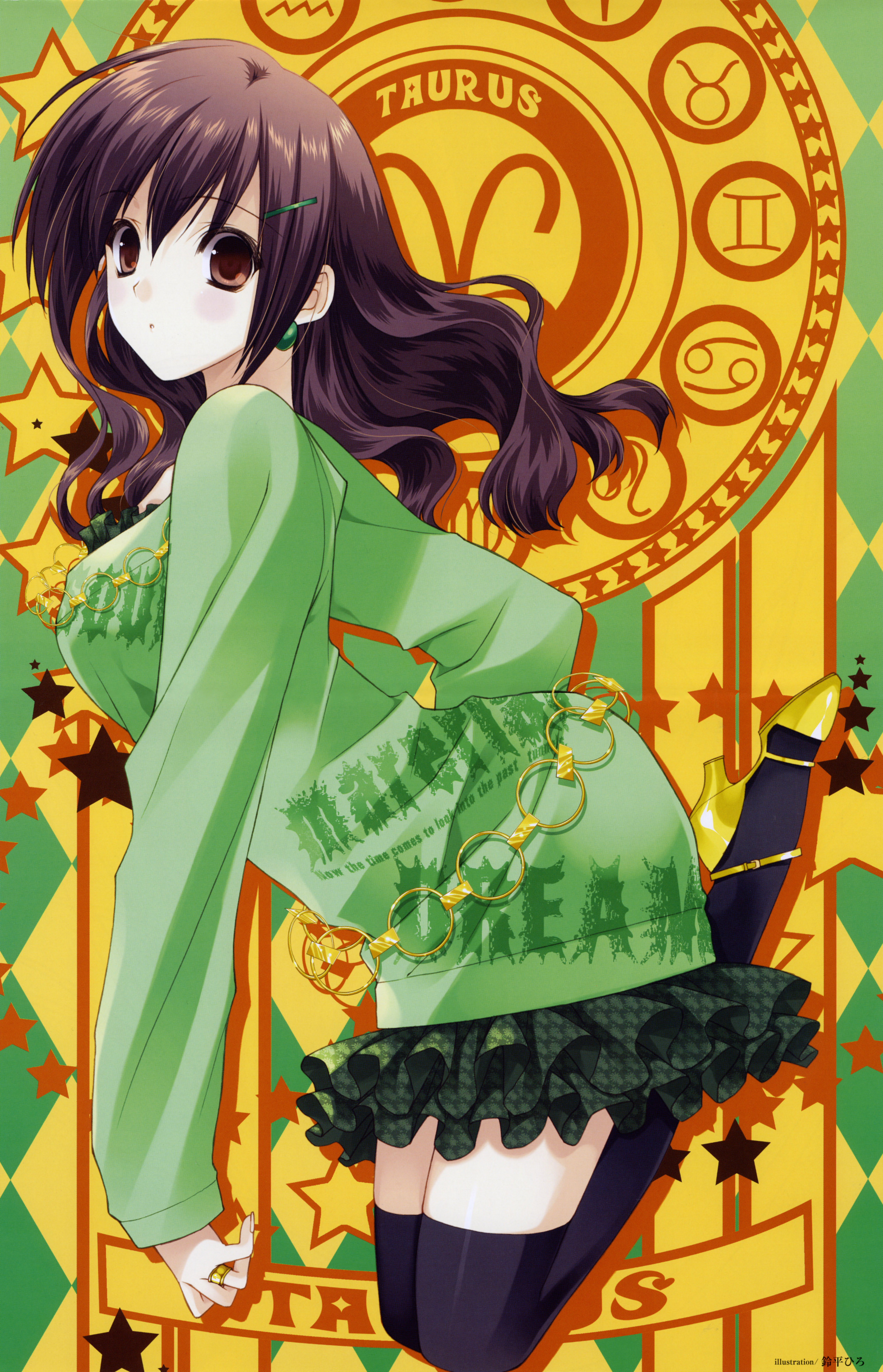 suzuhira hiro, absurdres, highres, aquarius (symbol), aries (symbol), black thighhighs, brown eyes, brown hair, cancer (symbol), gemini (symbol), leo (symbol), shoes, solo, taurus (symbol), taurus (zodiac), thighhighs, virgo (symbol), yellow shoes, zettai ryouiki, zodiac
