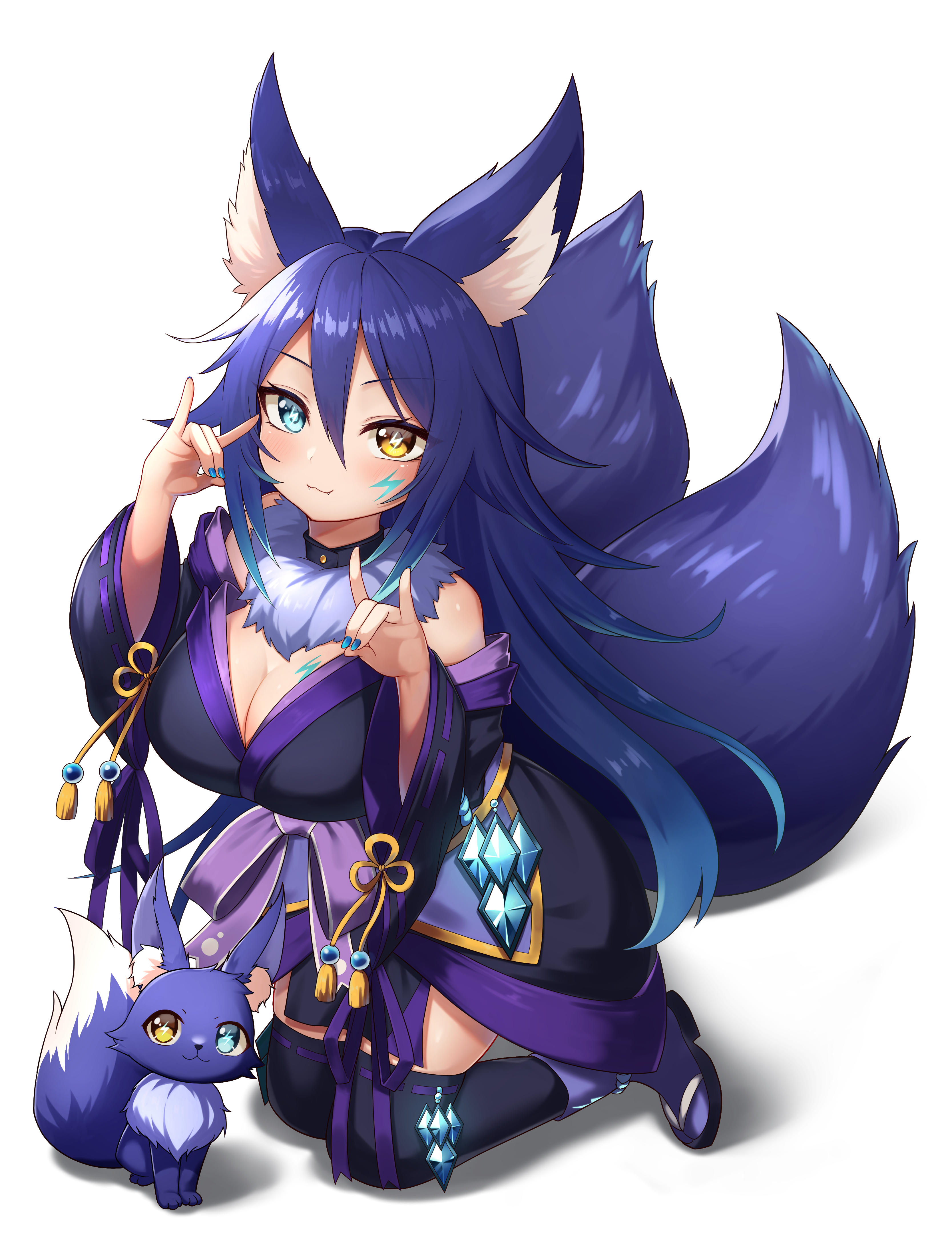 quasar631, indie virtual youtuber, absurdres, commentary request, highres, 1girl, :3, animal ear fluff, animal ears, black kimono, black thighhighs, blue eyes, blue hair, blush, breasts, cleavage, closed mouth, double-parted bangs, fox, fox ears, fox girl, fox tail, full body, hair between eyes, heterochromia, japanese clothes, kimono, kneeling, large breasts, long hair, long sleeves, looking at viewer, mogubea, multiple tails, purple socks, ribbon-trimmed thighhighs, ribbon trim, simple background, smile, socks, solo, symbol-shaped pupils, tail, thighhighs, two tails, virtual youtuber, white background, wide sleeves, yellow eyes
