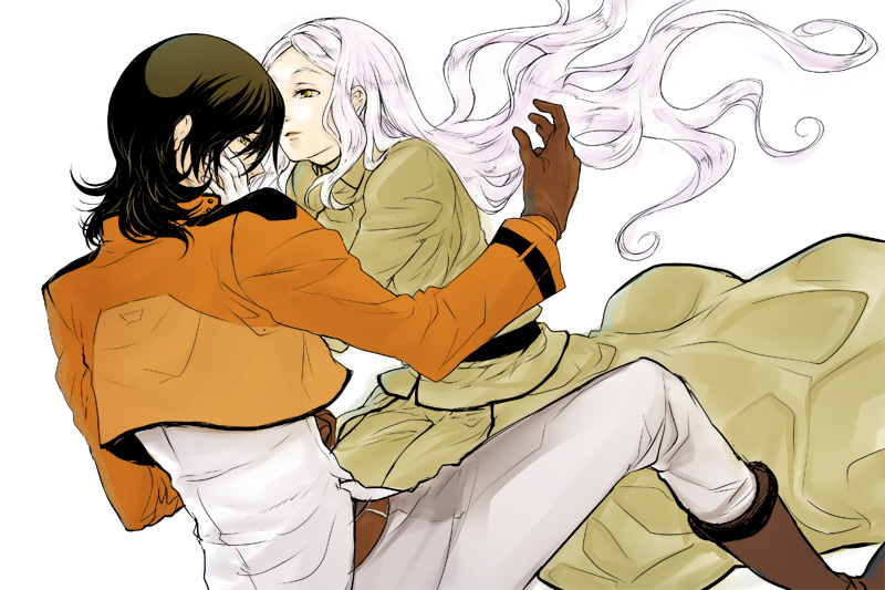 higi (rodriguez), allelujah haptism, soma peries, gundam, gundam 00, light purple hair, 00s, 1boy, 1girl, belt, couple, gloves, green hair, hetero, jacket, long hair, military, military uniform, short hair, yellow eyes