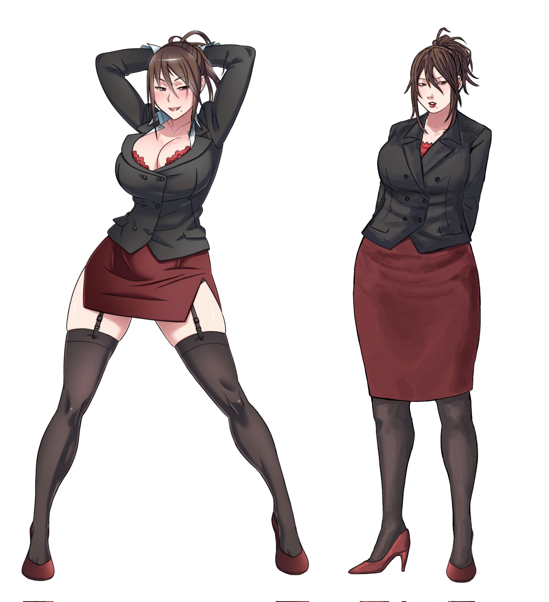 hijinkiewinkies, character request, commentary, copyright request, english commentary, highres, 1girl, arms behind head, black jacket, blush, bra, breasts, brown eyes, brown hair, cleavage, formal clothes, garter straps, high heels, jacket, large breasts, looking at viewer, mature female, mole, multiple views, office lady, pantyhose, pencil skirt, ponytail, red bra, red shoes, red skirt, shoes, side slit, skirt, skirt suit, standing, suit, teacher, thighhighs, underwear, white background
