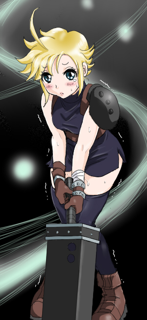 okurapuchi, cloud strife, final fantasy, final fantasy vii, bad id, bad pixiv id, 1990s (style), 1girl, ahoge, armor, bare shoulders, blonde hair, blue eyes, blue thighhighs, blush, boots, breasts, buster sword, female focus, genderswap, genderswap (mtf), medium breasts, pauldrons, retro artstyle, short hair, shoulder armor, shoulder guard, sleeveless, sleeveless turtleneck, solo, sweat, sword, thighhighs, trembling, turtleneck, weapon