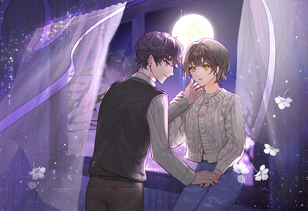 bamcream, original, commentary, commission, english commentary, 1boy, 1girl, black sweater vest, blue eyes, blue pants, brown hair, brown pants, buttons, cardigan, closed mouth, cowboy shot, curtains, full moon, grey cardigan, long sleeves, moon, night, pants, parted lips, shirt, short hair, sitting, sweater vest, white shirt, yellow eyes