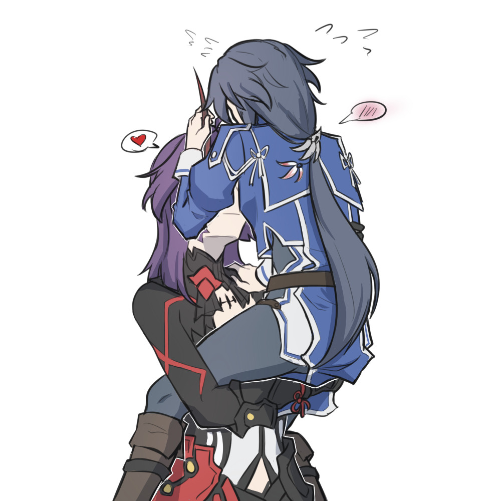 kursed tea, fu hua, fu hua (valkyrie accipiter), raiden mei, raiden mei (danzai spectramancer), raiden mei (orochi cuirass), honkai (series), honkai impact 3rd, commentary, english commentary, 2girls, black dress, blue shirt, boots, brown boots, carrying, carrying person, dress, flying sweatdrops, grey hair, grey pants, heart, horns, low ponytail, multiple girls, pants, ponytail, purple hair, red horns, shirt, spoken blush, spoken heart