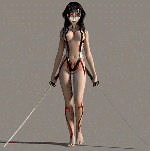 stimuli, neo ranga, animated, animated gif, 1990s (style), 1girl, 3d, barefoot, black hair, bodypaint, breasts, covered erect nipples, dual wielding, feet, female focus, grey background, holding, katana, large breasts, latex, long hair, looking at viewer, red eyes, retro artstyle, simple background, slingshot swimsuit, solo, swimsuit, sword, tattoo, walking, weapon