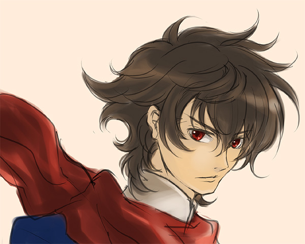 higi (rodriguez), setsuna f. seiei, gundam, gundam 00, 00s, brown hair, male focus, red eyes, scarf, short hair, solo