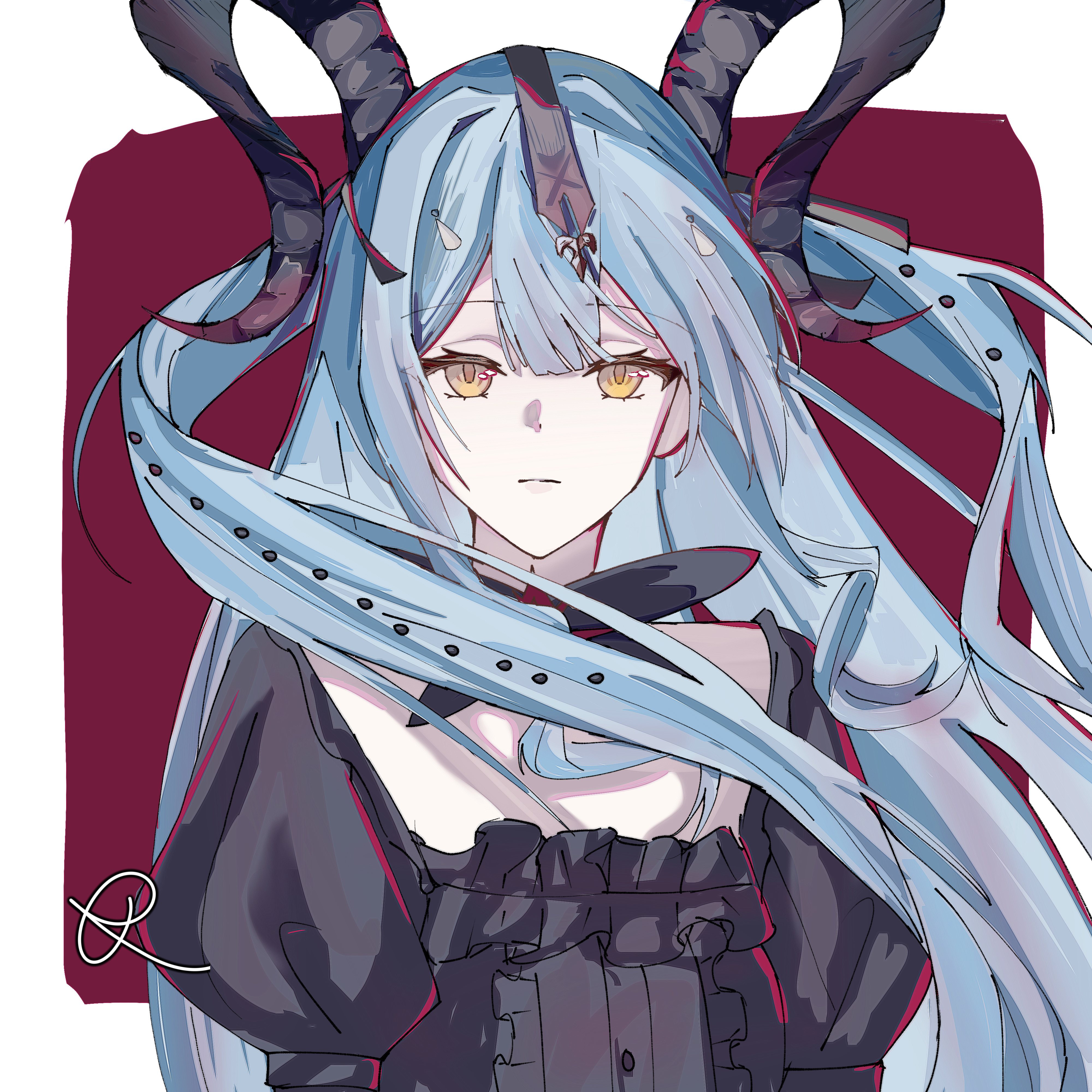 togawa sakiko, togawa sakiko (master of melodia), arknights, bang dream!, bang dream! it's mygo!!!!!, absurdres, chinese commentary, commentary request, highres, 1girl, black dress, black horns, black ribbon, blue hair, closed mouth, curled horns, detached collar, dress, expressionless, floating hair, hair ribbon, horns, long hair, looking at viewer, puffy sleeves, qiongzhi (beisishoudouqunale), ribbon, sidelocks, solo, two side up, upper body, yellow eyes