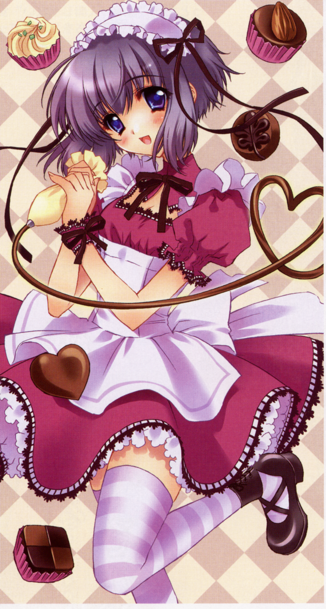 carnelian, absurdres, highres, scan, 1girl, blue eyes, blush, chocolate, cupcake, female focus, food, grey hair, maid, short hair, solo, striped clothes, striped thighhighs, thighhighs, zettai ryouiki