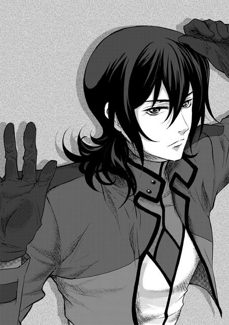 higi (rodriguez), allelujah haptism, gundam, gundam 00, bad id, bad pixiv id, 00s, gloves, greyscale, jacket, male focus, monochrome, short hair