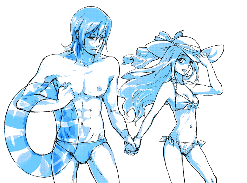 higi (rodriguez), allelujah haptism, soma peries, gundam, gundam 00, bad id, bad pixiv id, 00s, 1boy, 1girl, abs, bikini, blue theme, breasts, couple, front-tie bikini top, front-tie top, hand grab, happy, hat, hetero, holding hands, innertube, long hair, male swimwear, monochrome, muscular, muscular male, navel, nipples, side-tie bikini bottom, smile, summer, sun hat, swim briefs, swim ring, swimsuit, topless male