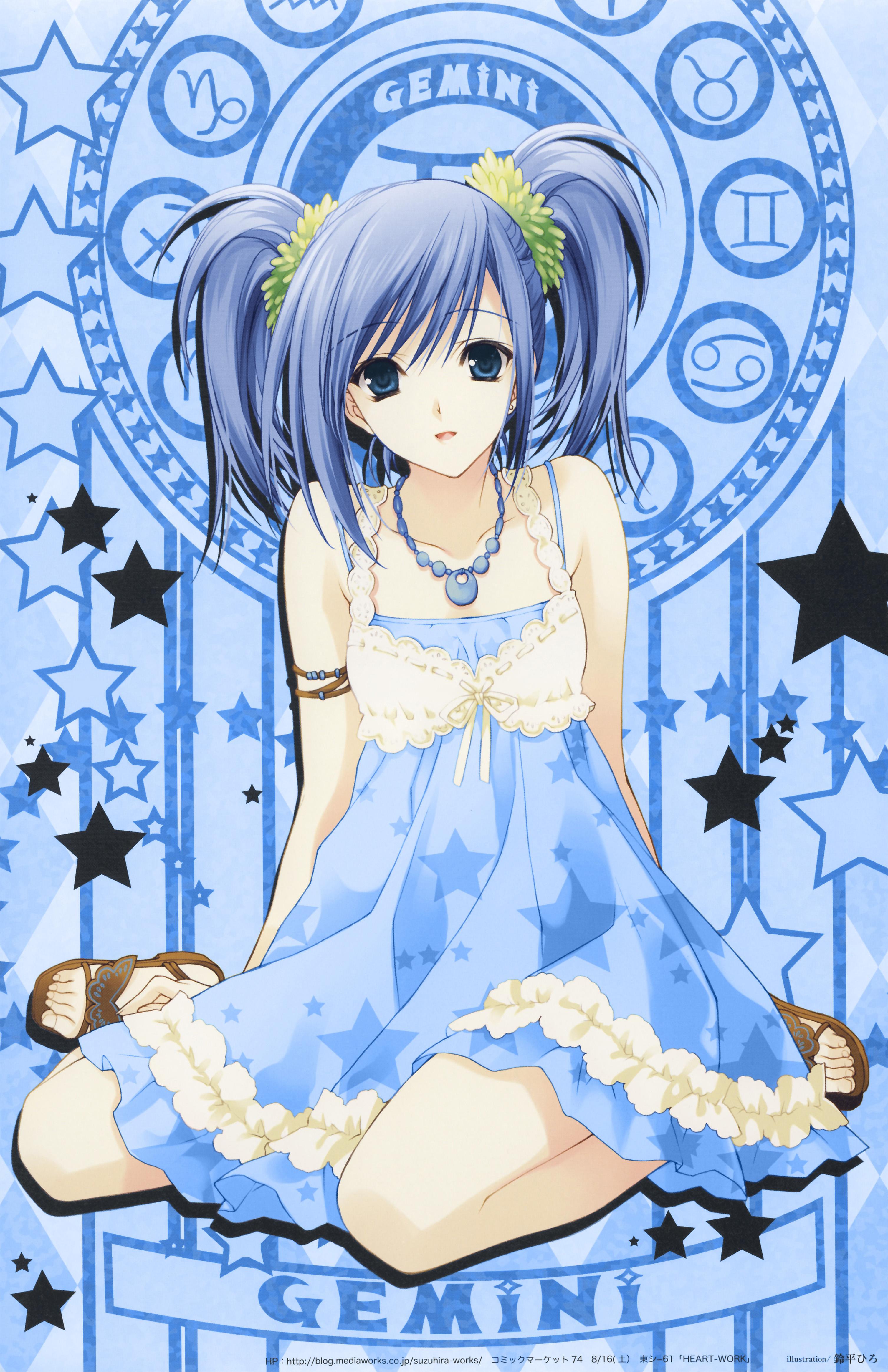 suzuhira hiro, absurdres, highres, aquarius (symbol), aries (symbol), blue eyes, blue hair, cancer (symbol), capricorn (symbol), dress, gemini (symbol), gemini (zodiac), leo (symbol), sagittarius (symbol), scorpio (symbol), solo, taurus (symbol), twintails, zodiac