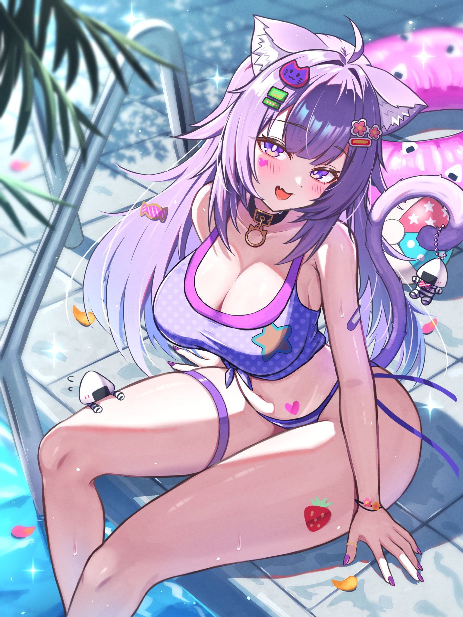 kogekoge1207, nekomata okayu, hololive, highres, 1girl, animal ear fluff, animal ears, bare shoulders, bikini, blurry, blurry background, blush, breasts, cat ears, cat girl, facial mark, fang, heart, heart facial mark, large breasts, long hair, open mouth, palm tree, pool, purple bikini, purple eyes, purple hair, sitting, skin fang, solo, swimsuit, tankini, tree, virtual youtuber