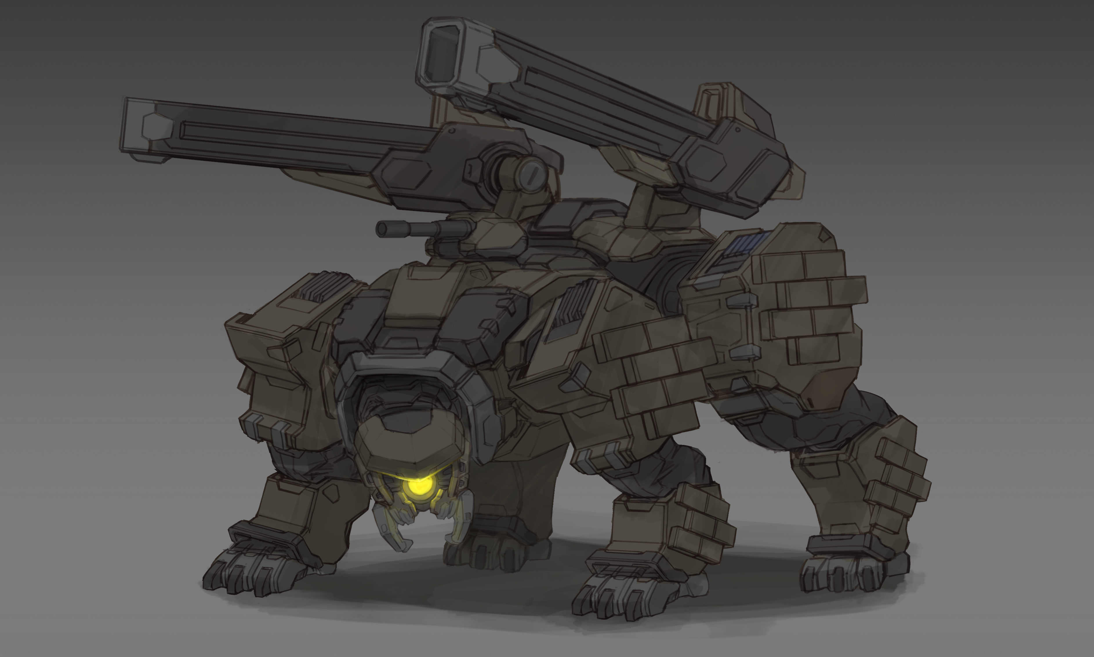 pure boy, girls' frontline, girls' frontline 2: exilium, absurdres, commentary, english commentary, highres, armor, beam cannon, cannon, flareberus (girls' frontline 2), glowing, glowing eye, grey background, gun, looking at viewer, machine gun, mecha, mecha focus, no humans, one-eyed, robot, weapon
