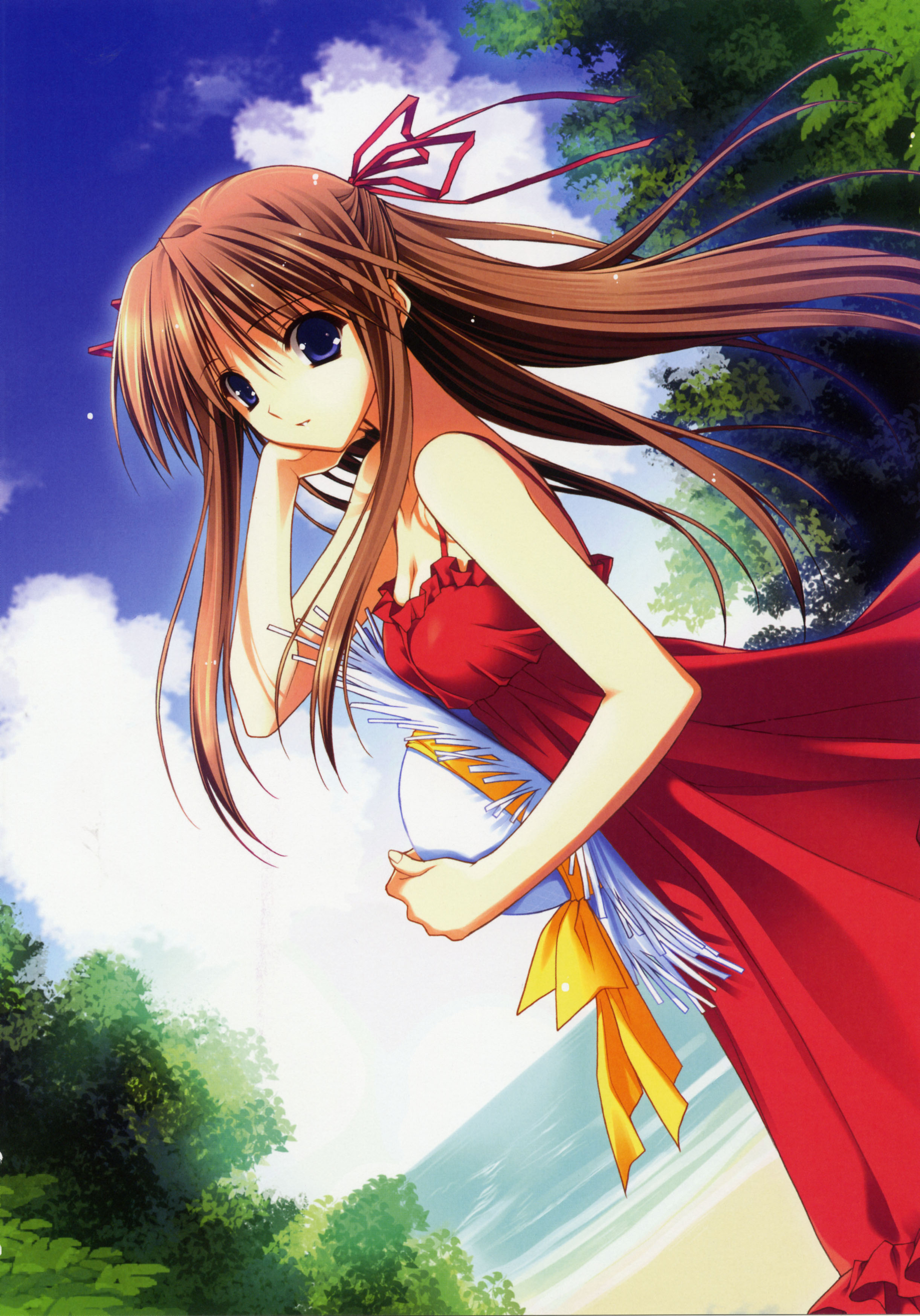 suzuhira hiro, absurdres, highres, blue eyes, brown hair, dress, hair ribbon, ribbon, solo