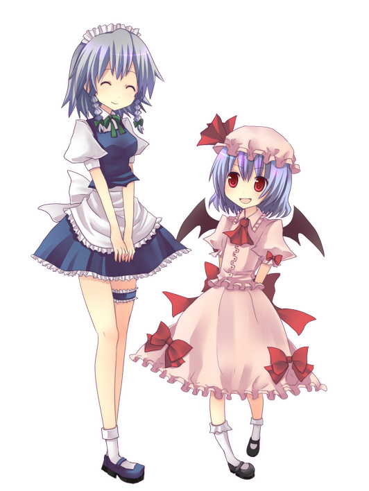 yukishiro mafuyu, izayoi sakuya, remilia scarlet, touhou, silver hair, 2girls, bat wings, blue hair, bow, braid, breasts, female focus, full body, hat, maid, multiple girls, red eyes, short hair, simple background, twin braids, white background, wings
