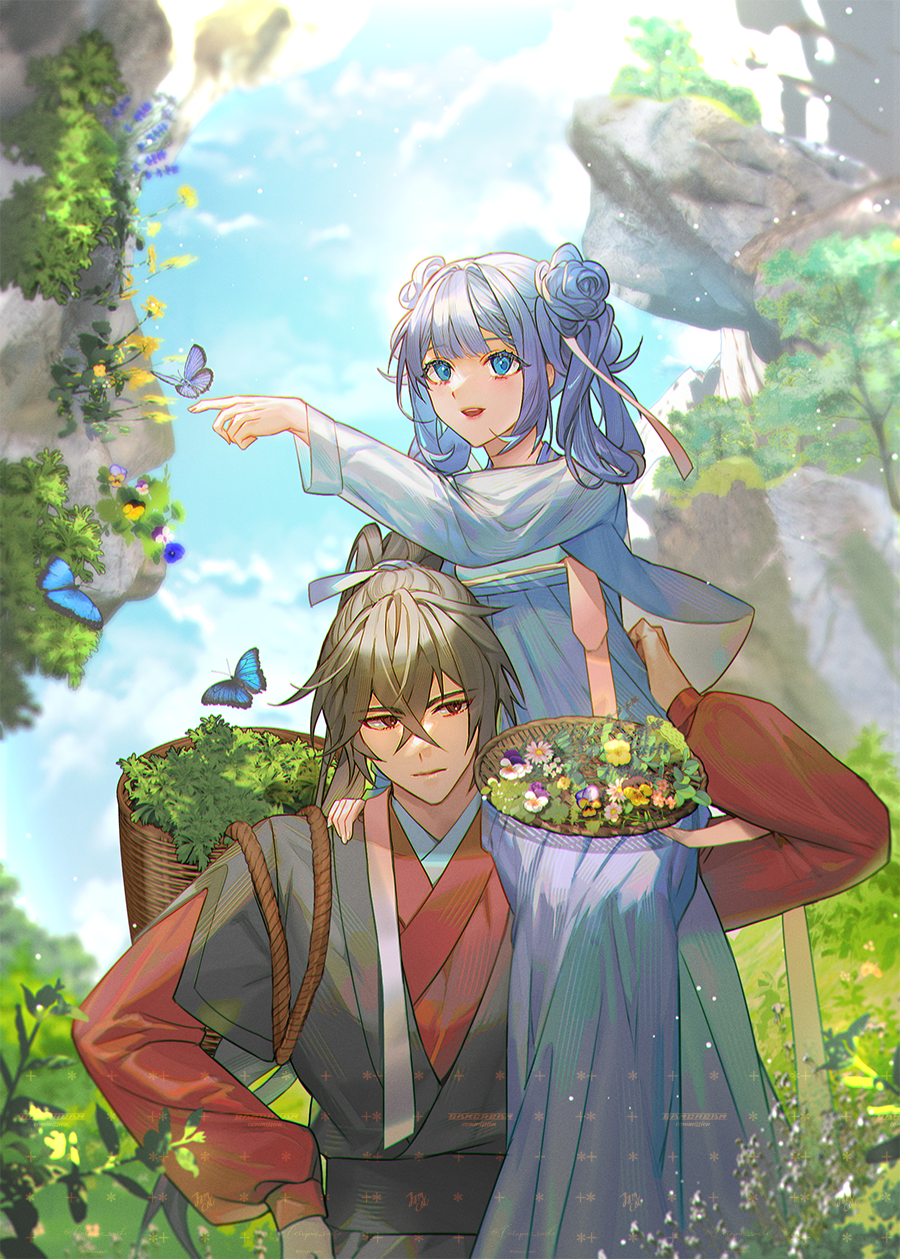bamcream, original, commentary, commission, english commentary, highres, 1boy, 1girl, basket, blue dress, blue eyes, blue hair, blue sky, brown hair, bug, butterfly, carrying, carrying person, closed mouth, cloud, crossed bangs, day, double bun, dress, grass, hair between eyes, hair bun, insect, long hair, long sleeves, open mouth, outdoors, red eyes, red shirt, shirt, sky, smile, upper body