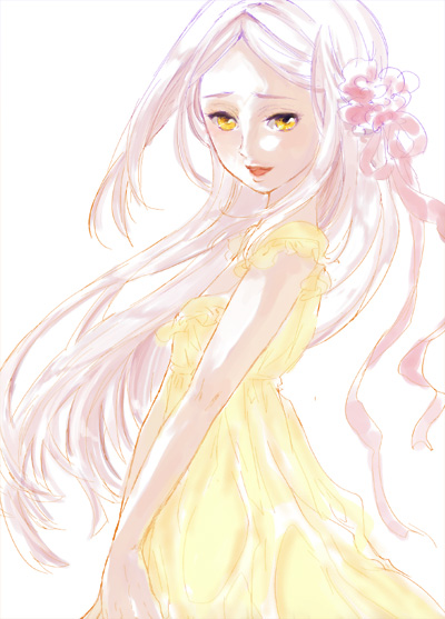 higi (rodriguez), soma peries, gundam, gundam 00, light purple hair, bad id, bad pixiv id, 00s, dress, flower, long hair, smile, solo, yellow eyes