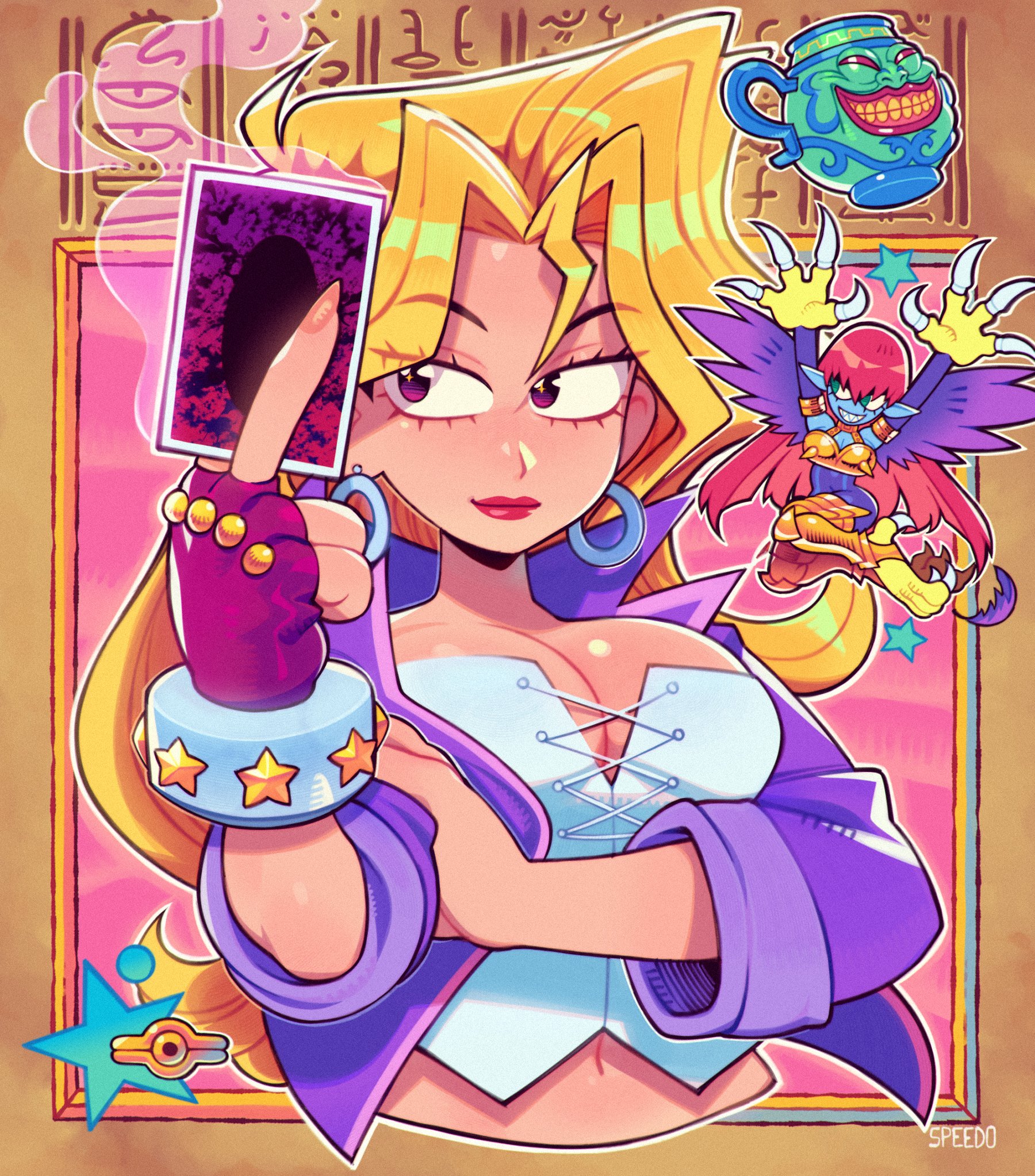 speedoru, harpie lady, harpie lady (normal monster), kujaku mai, pot of greed, yu-gi-oh!, yu-gi-oh! duel monsters, highres, armor, bare shoulders, between fingers, blonde hair, blue feathers, blue skin, breasts, card, card between fingers, claws, cleavage, collared halterneck, colored skin, corset, cosplay, detached sleeves, duel monster, earrings, feathered wings, feathers, green eyes, green feathers, green wings, hair between eyes, harpy, hieroglyphics, holding, holding card, hoop earrings, jacket, jewelry, large breasts, long hair, looking at viewer, monster girl, multiple girls, nipple spikes, pink hair, pointy ears, purple eyes, purple feathers, purple jacket, red hair, skirt, sleeveless, sleeveless jacket, smile, spiked armor, spikes, talons, teeth, upper body, white corset, winged arms, wings