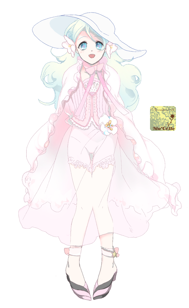 kanke (yonkuma), nia teppelin, tengen toppa gurren lagann, bad id, bad pixiv id, 00s, blue hair, blush, bracelet, cloak, corset, dress, flower, hat, high heels, jewelry, lace, see-through clothes, shoes, smile, solo, thighhighs