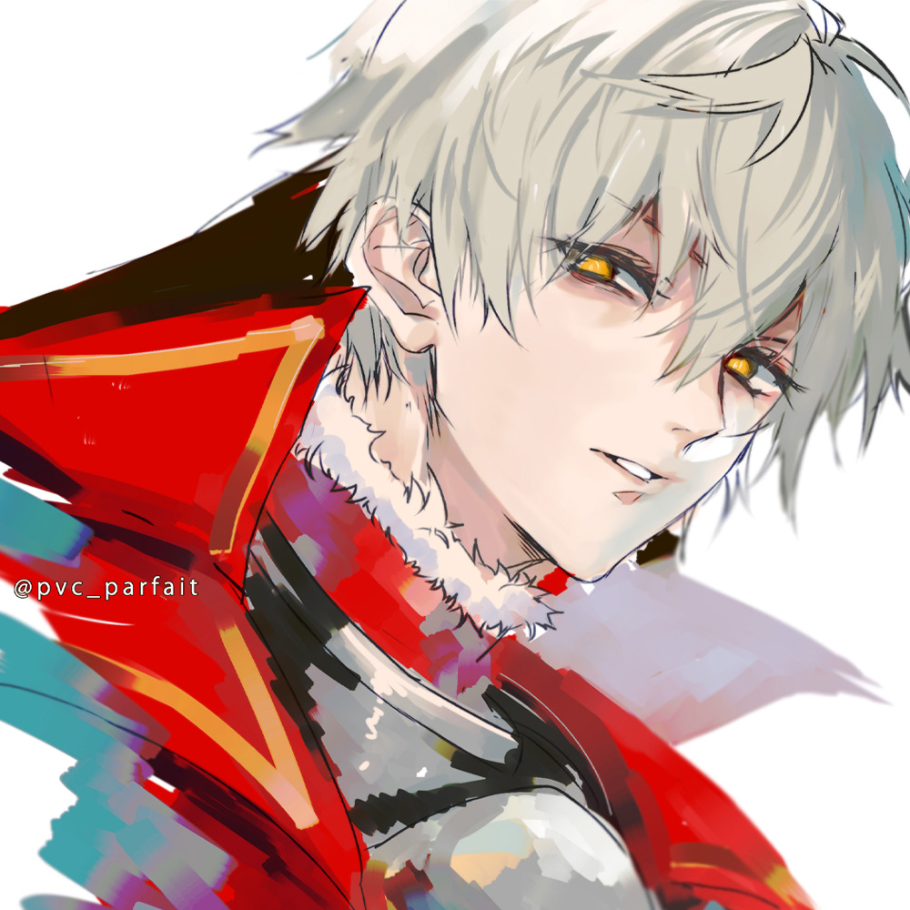 pvc parfait, arthur pendragon (fate), arthur pendragon alter (fate), fate/grand order, fate (series), commentary, english commentary, 1boy, armor, artist name, breastplate, cloak, dark persona, fur trim, grey armor, grey hair, hair between eyes, looking at viewer, male focus, orange eyes, red cloak, red shirt, shirt, short hair, simple background, solo, teeth, upper body, white background