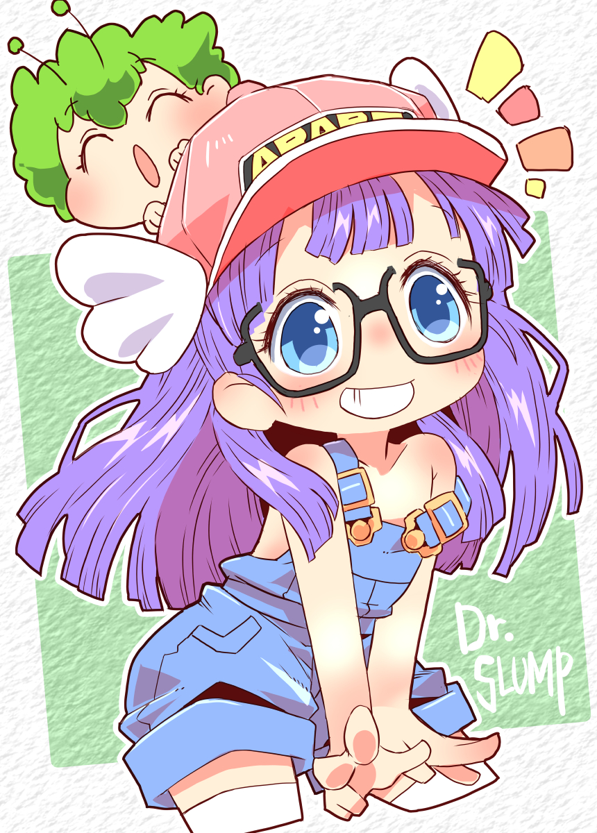 nomeoil, norimaki arale, norimaki gajira, dr. slump, highres, 1girl, antennae, bare shoulders, blue eyes, blunt bangs, blush, glasses, green hair, grin, hat, long hair, looking at viewer, overalls, purple hair, shorts, smile, thighhighs, winged hat