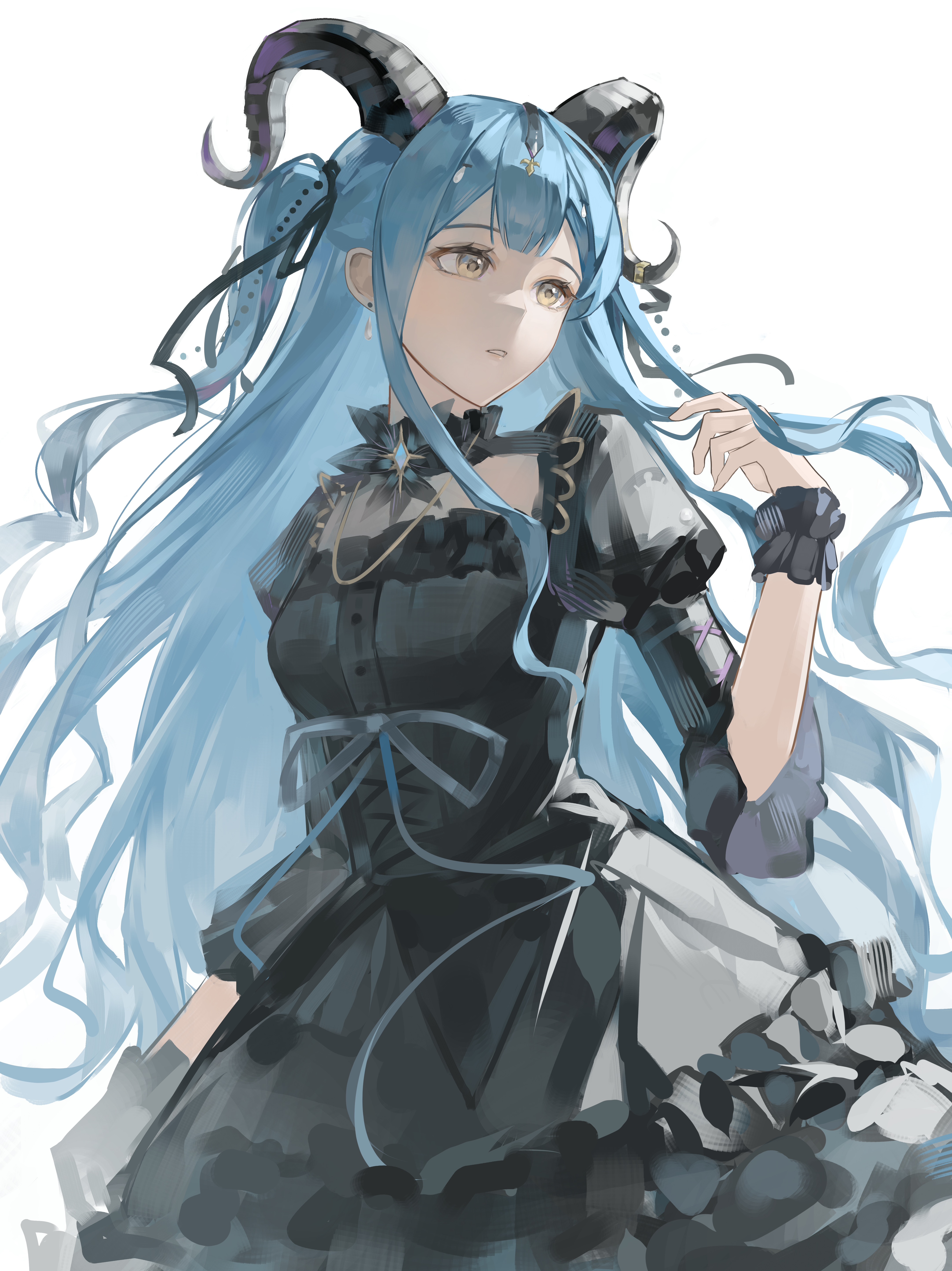 togawa sakiko, togawa sakiko (master of melodia), arknights, bang dream!, bang dream! it's mygo!!!!!, absurdres, chinese commentary, commentary request, highres, procreate (medium), 1girl, black dress, black gloves, black horns, black ribbon, blue hair, breasts, cowboy shot, curled horns, detached collar, dress, frilled dress, frills, gloves, hair ribbon, hand up, horns, jewelry, long hair, looking to the side, medium breasts, necklace, parted lips, puffy sleeves, ribbon, sidelocks, simple background, solo, standing, two side up, white background, wrist cuffs, yanjing wei mi yanshen mili, yellow eyes