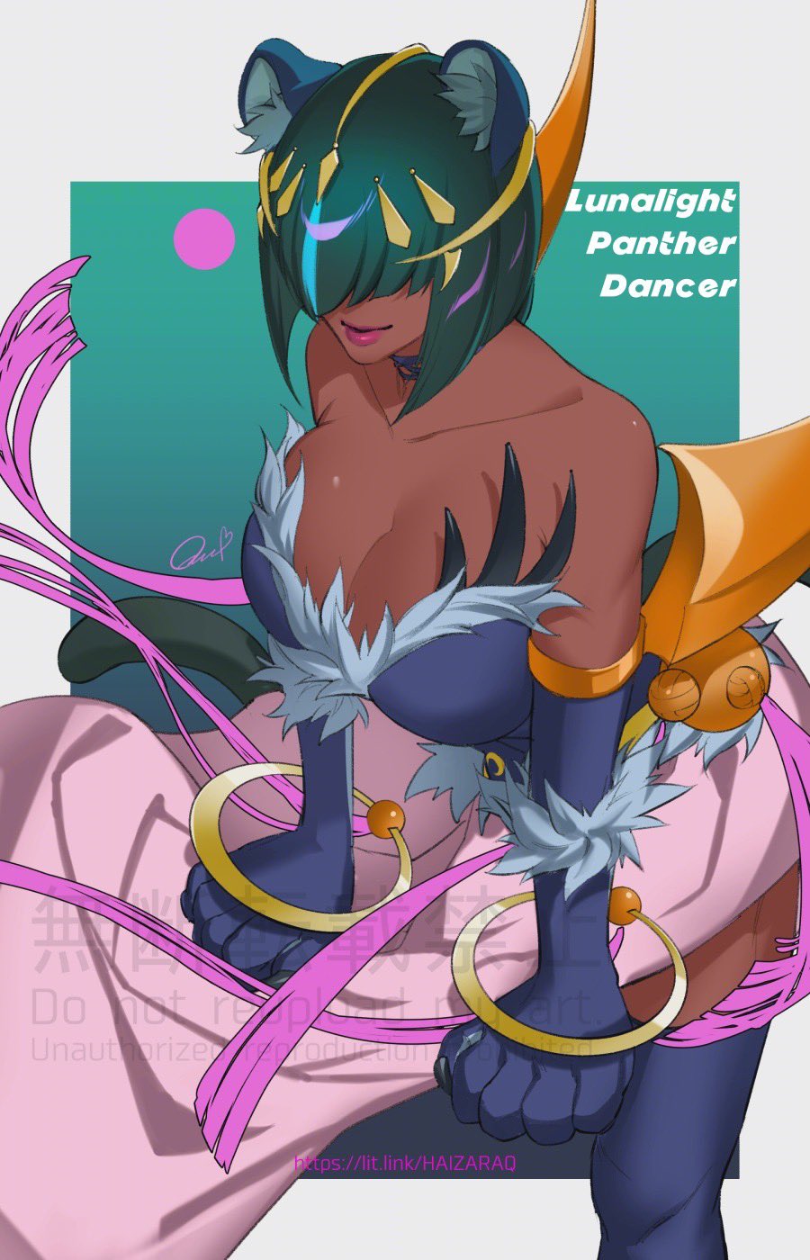 quo (haizaraq), lunalight panther dancer, yu-gi-oh!, highres, 1girl, bare shoulders, black bodysuit, bodysuit, border, breasts, character name, cleavage, collarbone, dark-skinned female, dark skin, duel monster, green background, grey hair, hair over eyes, large breasts, short hair, simple background, solo, strapless bodysuit, watermark, white border