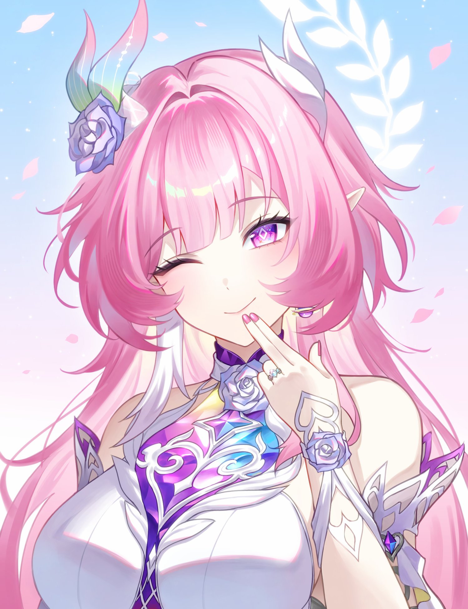 rio (rio773), cyrene (honkai: star rail), cyrene (ripples of past reverie) (honkai: star rail), honkai: star rail, honkai (series), commentary, highres, symbol-only commentary, 1girl, ;), bare shoulders, breasts, closed mouth, diamond-shaped pupils, diamond (shape), falling petals, finger to mouth, flower, hair flower, hair intakes, hair ornament, halo, hand up, large breasts, long hair, looking at viewer, multicolored hair, nail polish, one eye closed, petals, pink hair, pink nails, pink petals, pointy ears, portrait, purple eyes, purple flower, purple rose, rose, sidelocks, smile, solo, symbol-shaped pupils, two-tone hair, very long hair, white hair