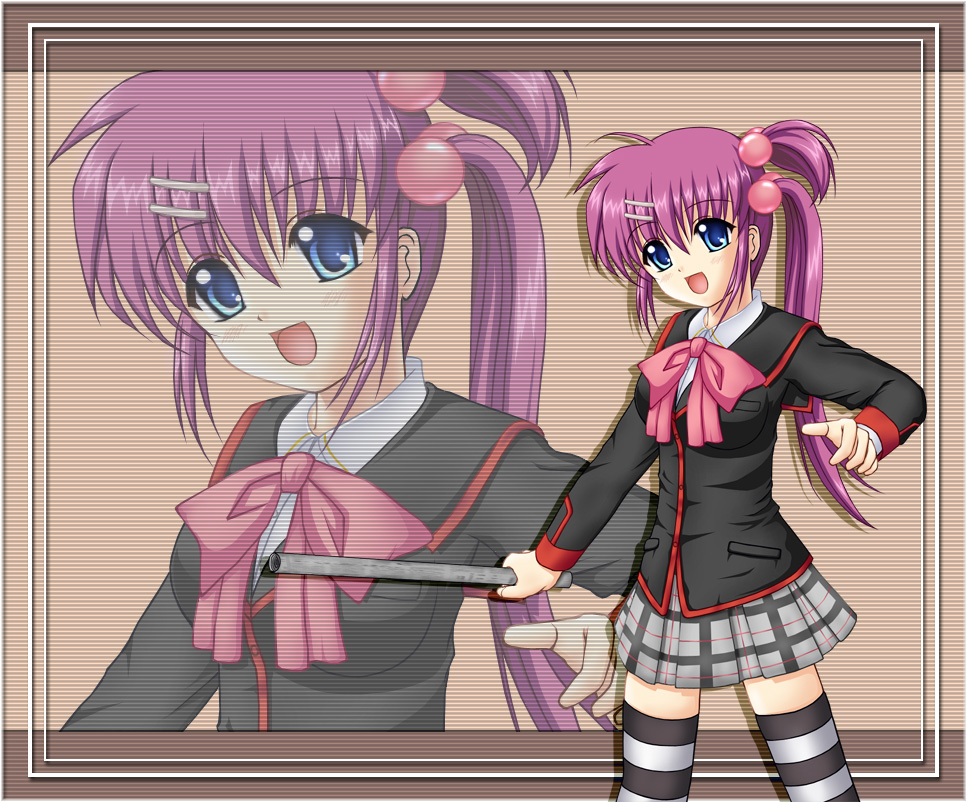gmx, saigusa haruka, little busters!, bad id, bad pixiv id, 1girl, blue eyes, blush, bow, female focus, hair ornament, long hair, pink bow, pink hair, plaid clothes, plaid skirt, ponytail, purple hair, school uniform, side ponytail, skirt, smile, solo, striped clothes, striped thighhighs, thighhighs