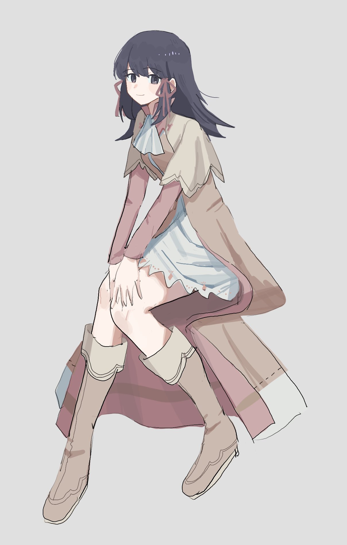 mana (rune factory), rune factory, rune factory 2, highres, 1girl, ascot, black eyes, black hair, boots, brown coat, coat, hair ribbon, long hair, rfo 2011, ribbon, skirt, smile, solo, white ascot, white skirt
