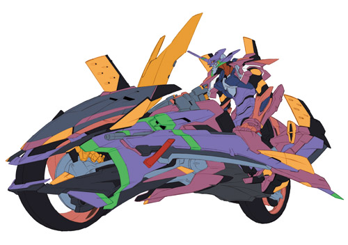 yamashita ikuto, eva 01, neon genesis evangelion, neon genesis evangelion anima, vehicle, lowres, epic, mecha, mecha focus, motor vehicle, motorcycle, no humans, objectification, robot, type f