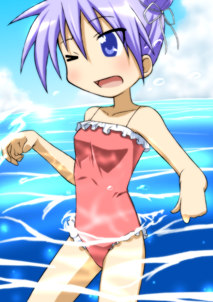 oku no shi, hiiragi kagami, lucky star, bad id, bad pixiv id, 00s, 1girl, alternate hairstyle, blue eyes, double bun, female focus, hair bun, one-piece swimsuit, one eye closed, outdoors, purple hair, sky, solo, swimsuit, wading, water, wink