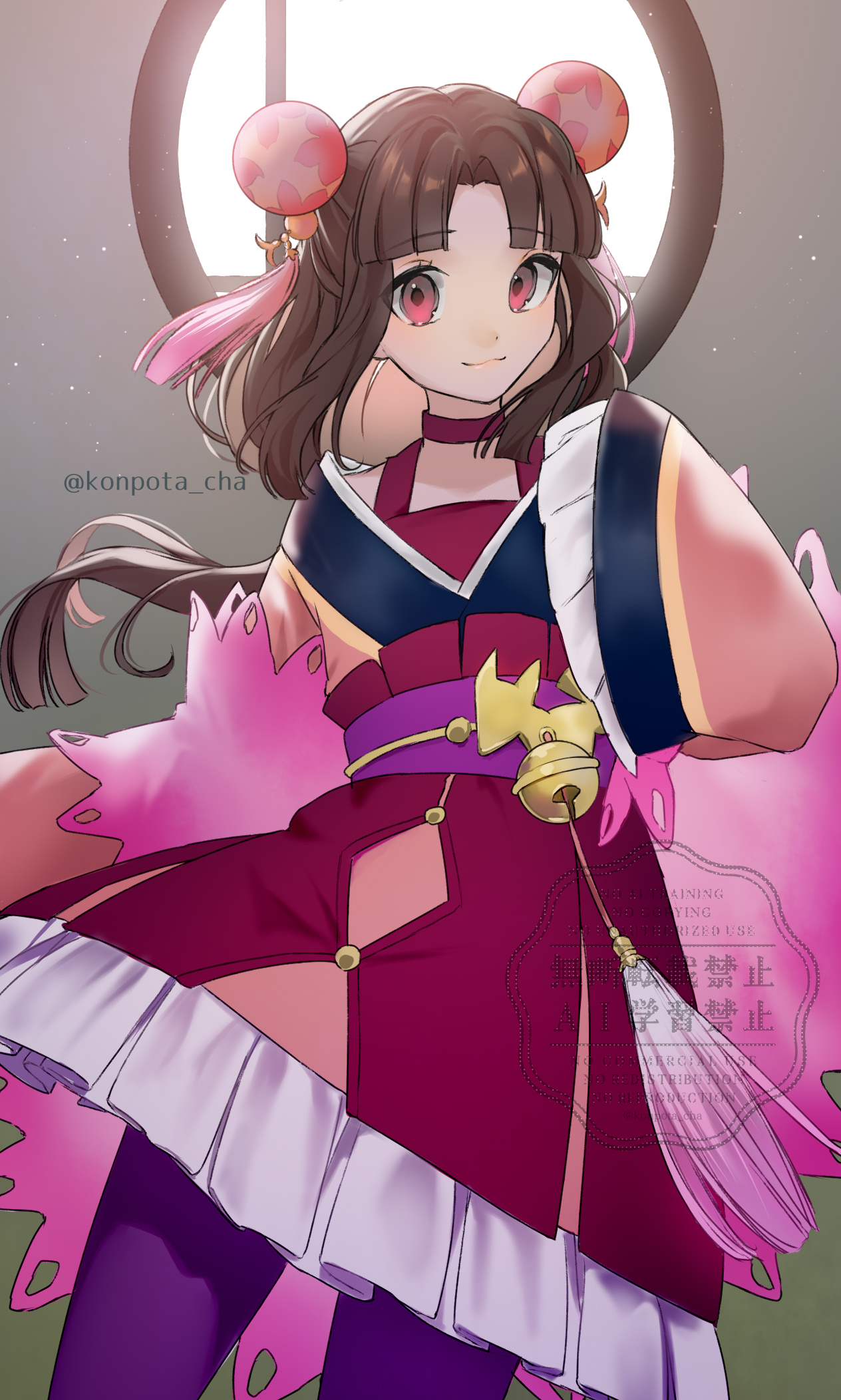 sakuya (rune factory), rune factory, rune factory 3, highres, 1girl, :3, bell, brown hair, hair ornament, japanese clothes, jingle bell, kimono, lolita fashion, long hair, pantyhose, pink eyes, pink kimono, potacha, purple pantyhose, smile, solo, sphere hair ornament, wa lolita, wide sleeves