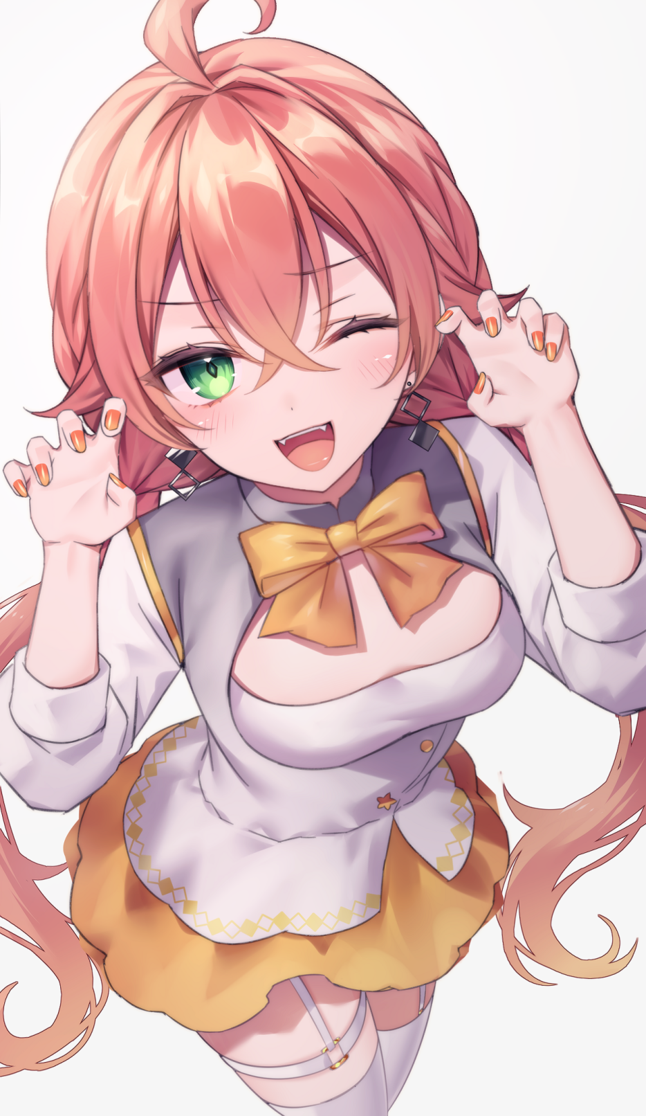 neit ni sei, shishido akari, nijisanji, commentary request, highres, 1girl, ahoge, blush, breasts, hair between eyes, long hair, looking at viewer, one eye closed, open mouth, orange hair, simple background, small breasts, smile, solo, virtual youtuber, white background