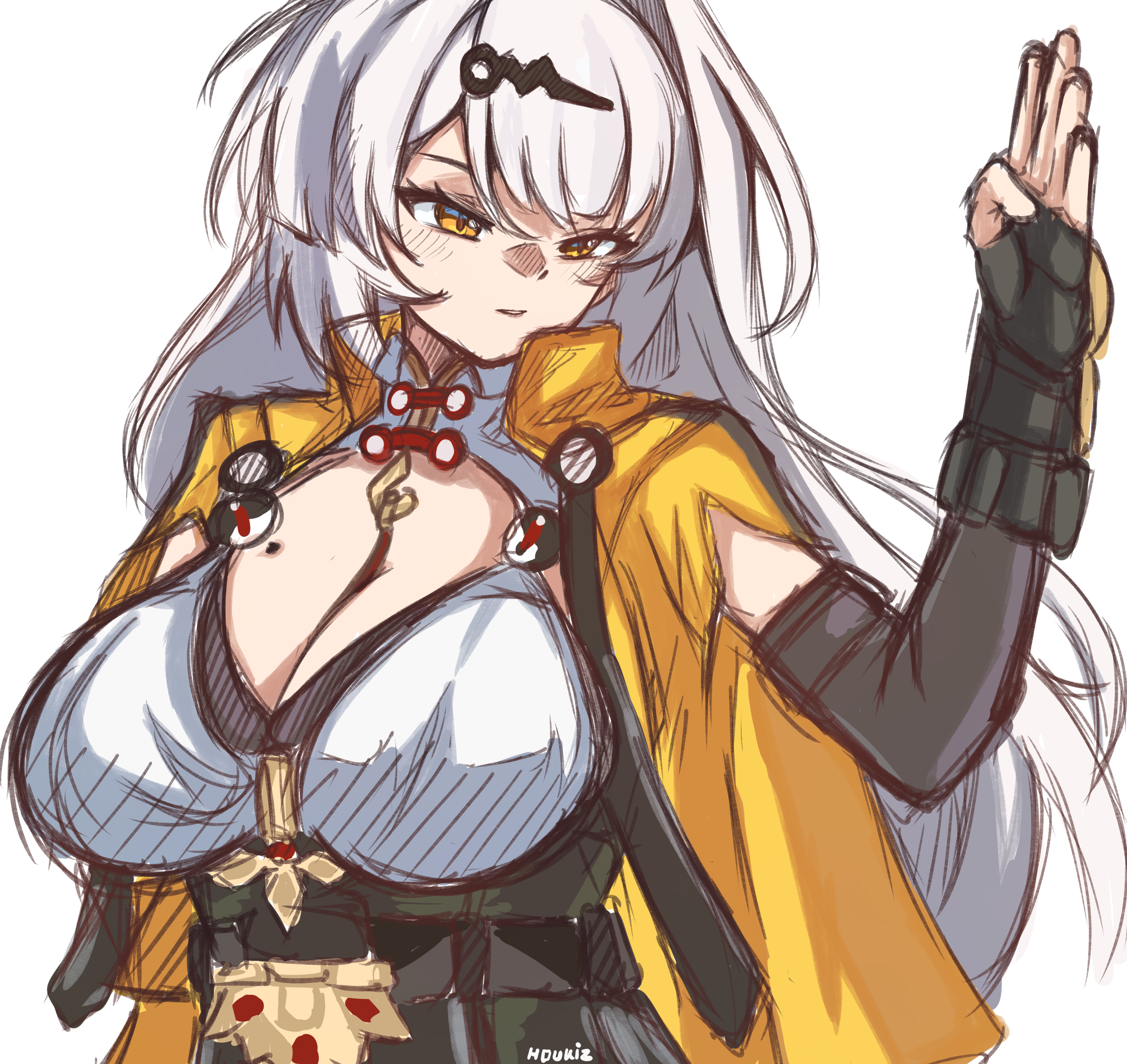 houkiz, yixuan (zenless zone zero), zenless zone zero, absurdres, highres, 1girl, asymmetrical gloves, black gloves, black unitard, breasts, cleavage, elbow gloves, gloves, grey hair, hair ornament, jacket, large breasts, long hair, mole, mole on breast, mole on chest, single elbow glove, single hair intake, solo, uneven gloves, very long hair, white hair, yellow eyes, yellow jacket, yin yang pin