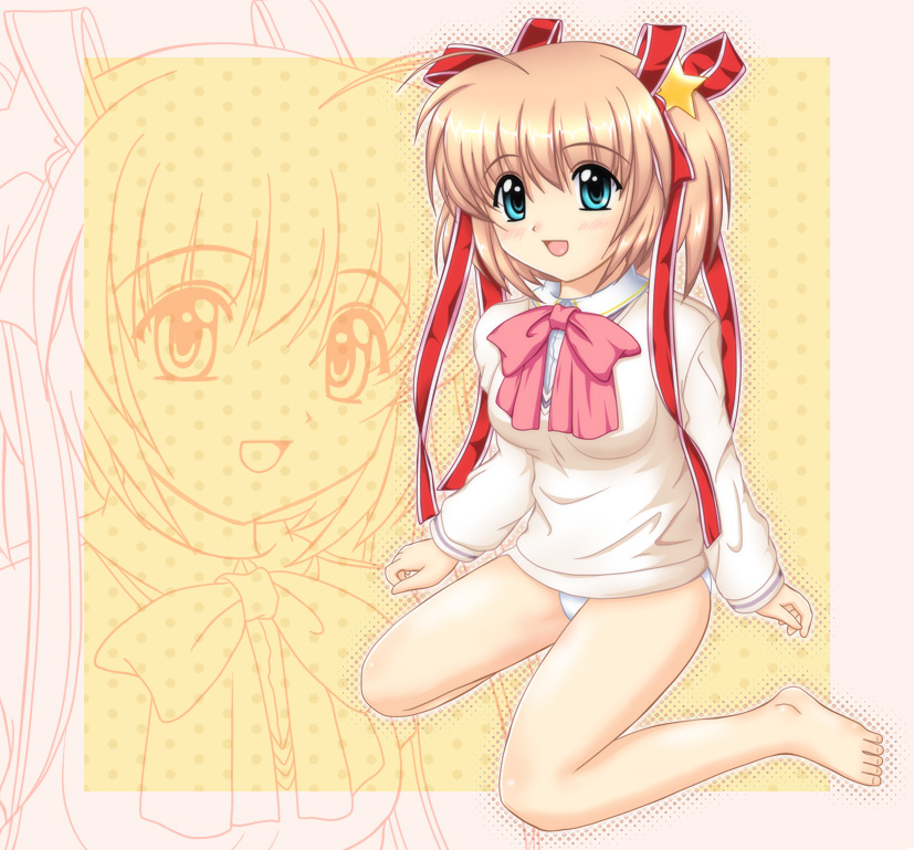 gmx, kamikita komari, little busters!, bad id, bad pixiv id, 1girl, aqua eyes, barefoot, blonde hair, blue eyes, blush, bow, breasts, female focus, hair ornament, hair ribbon, kneeling, panties, pink bow, ribbon, school uniform, short hair, smile, solo, underwear, zoom layer
