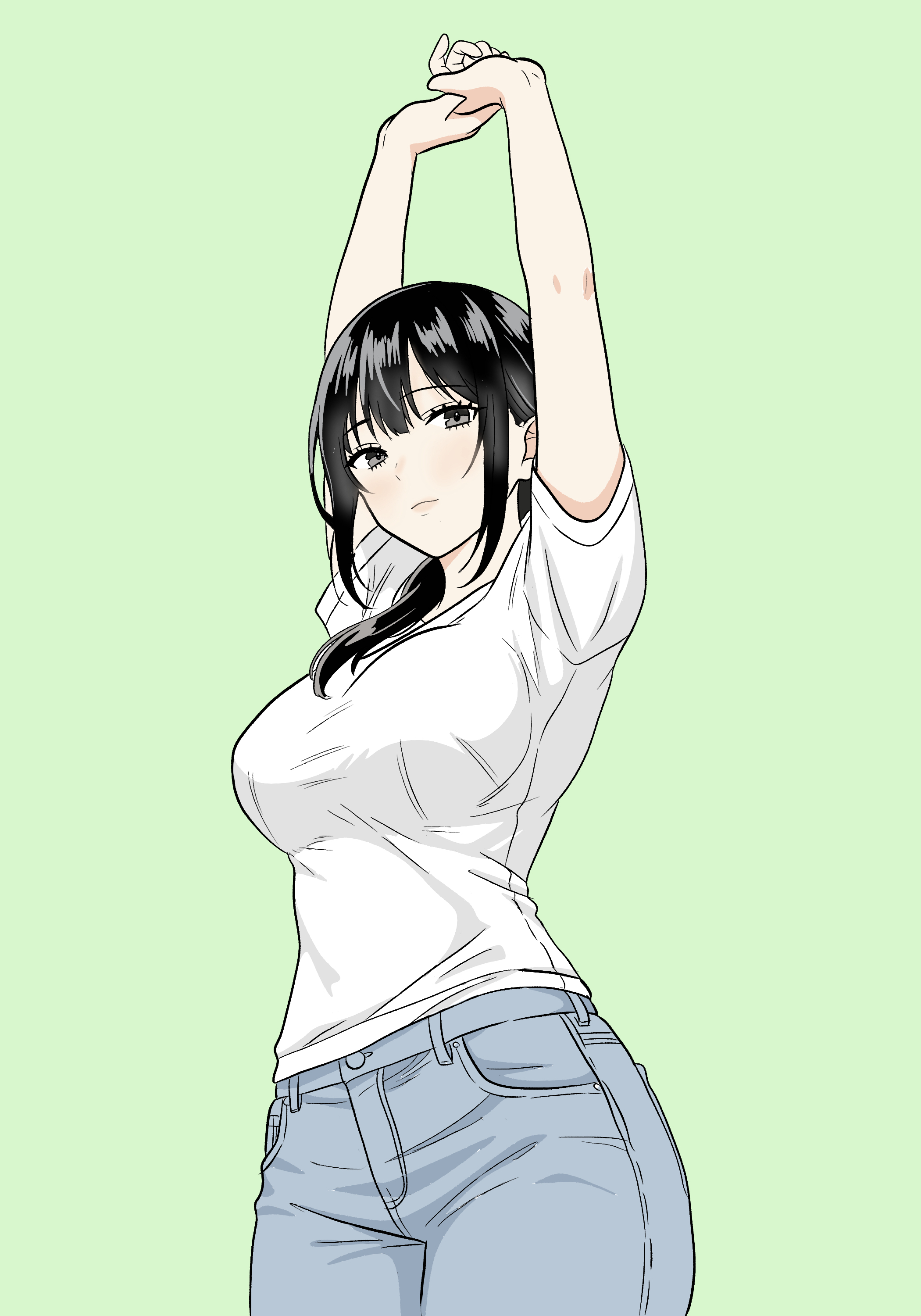 original, absurdres, highres, 1girl, arms up, black hair, breasts, denim, jeans, large breasts, looking at viewer, low ponytail, medium hair, pants, ponytail, rakuo cafeaulait, shirt, simple background, solo, standing, stretching, t-shirt, tight clothes, tight shirt