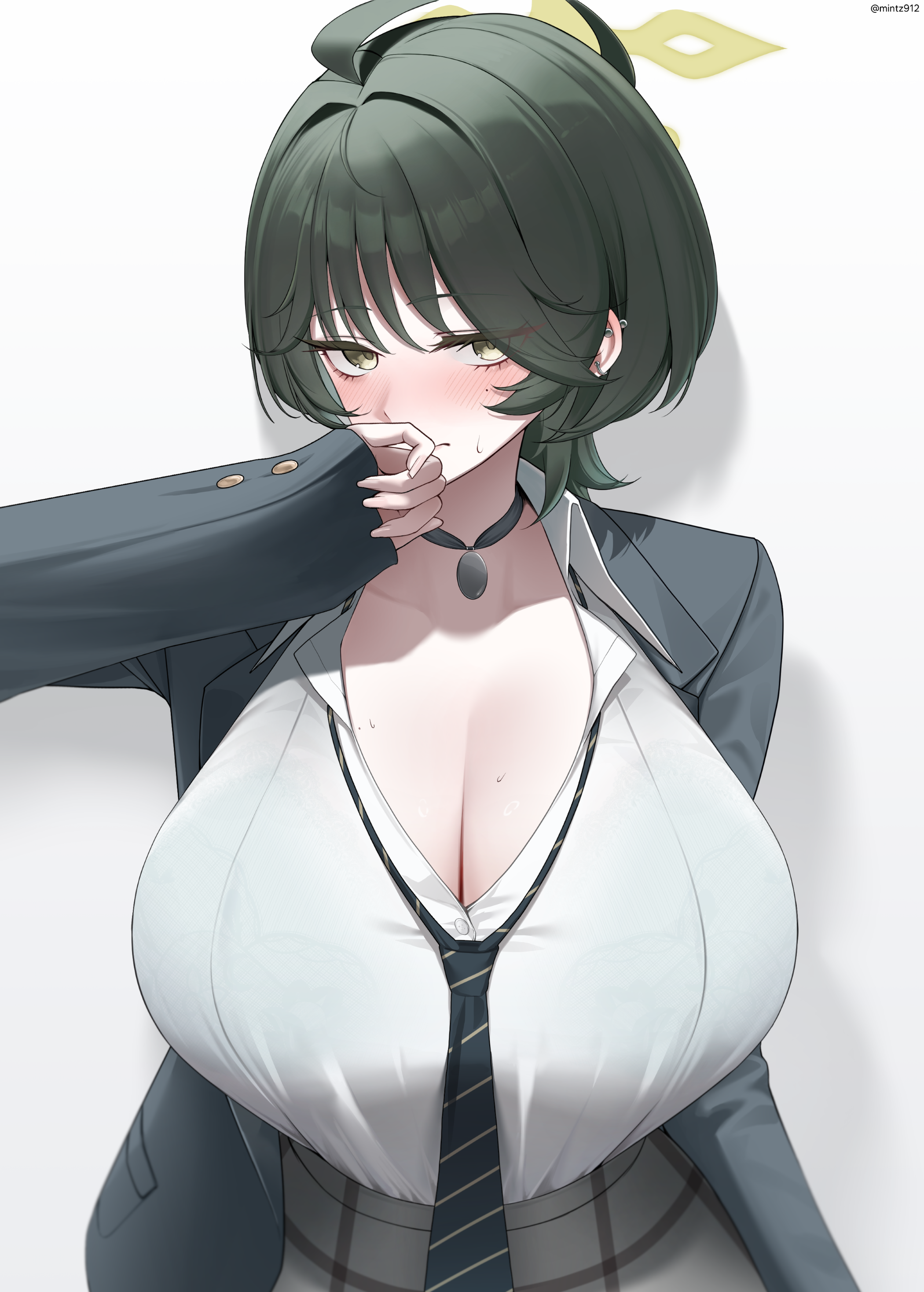 mintz912, fuyu (blue archive), blue archive, absurdres, commentary request, highres, 1girl, black hair, black necktie, blush, breasts, cleavage, closed mouth, diagonal-striped clothes, diagonal-striped necktie, grey skirt, halo, large breasts, long sleeves, looking at viewer, medium hair, necktie, shirt, simple background, skirt, solo, striped clothes, white background, white shirt, yellow halo