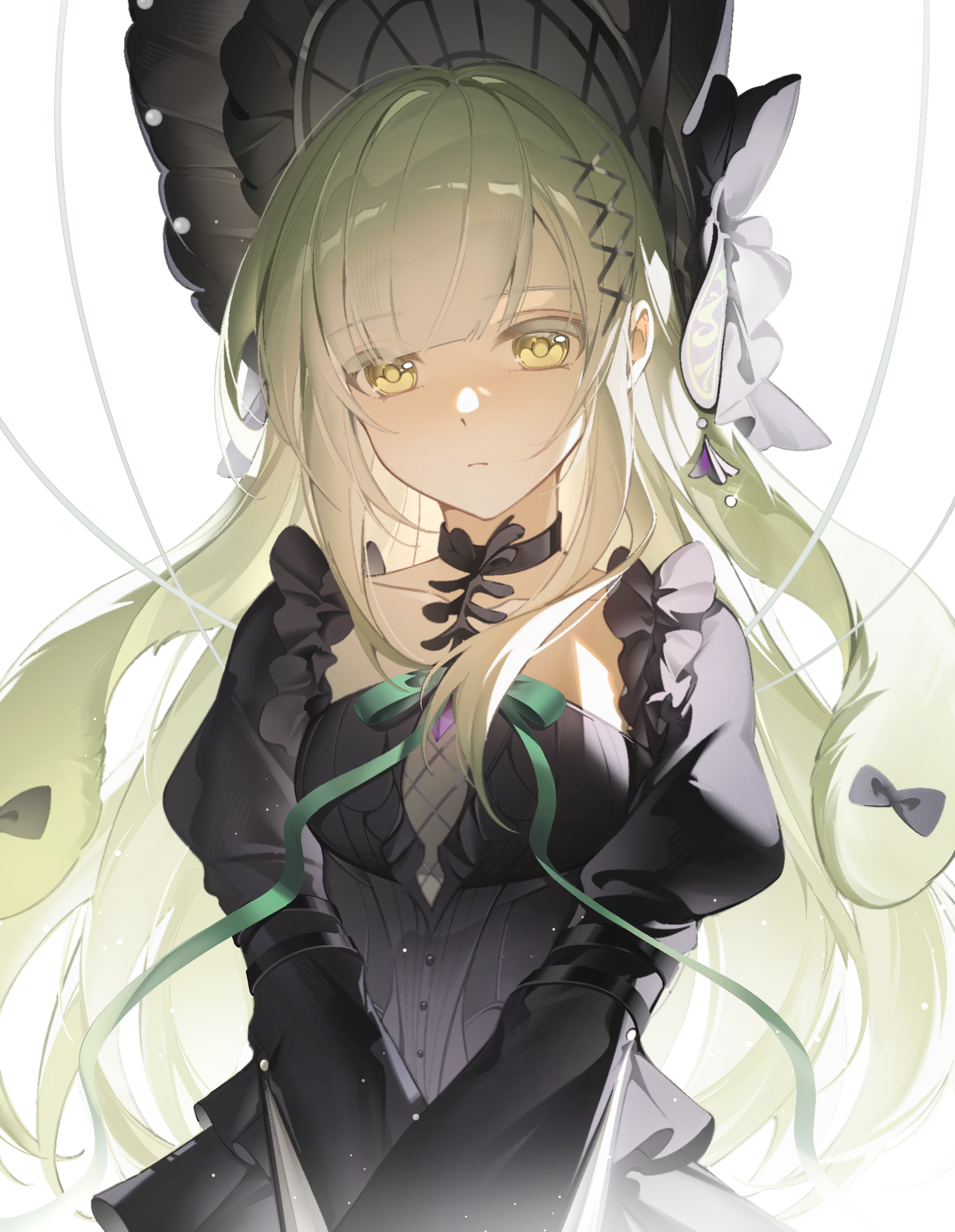 kanvien, wakaba mutsumi, wakaba mutsumi (marionette's id), arknights, bang dream!, bang dream! it's mygo!!!!!, absurdres, chinese commentary, commentary request, highres, 1girl, animal ears, black bonnet, black bow, black choker, black dress, bonnet, bow, choker, closed mouth, cowboy shot, dress, ear bow, expressionless, floppy ears, gothic lolita, green hair, green ribbon, hair ornament, juliet sleeves, lolita fashion, long hair, long sleeves, looking at viewer, puffy sleeves, rabbit ears, rabbit girl, ribbon, sidelocks, simple background, solo, white background, x hair ornament, yellow eyes
