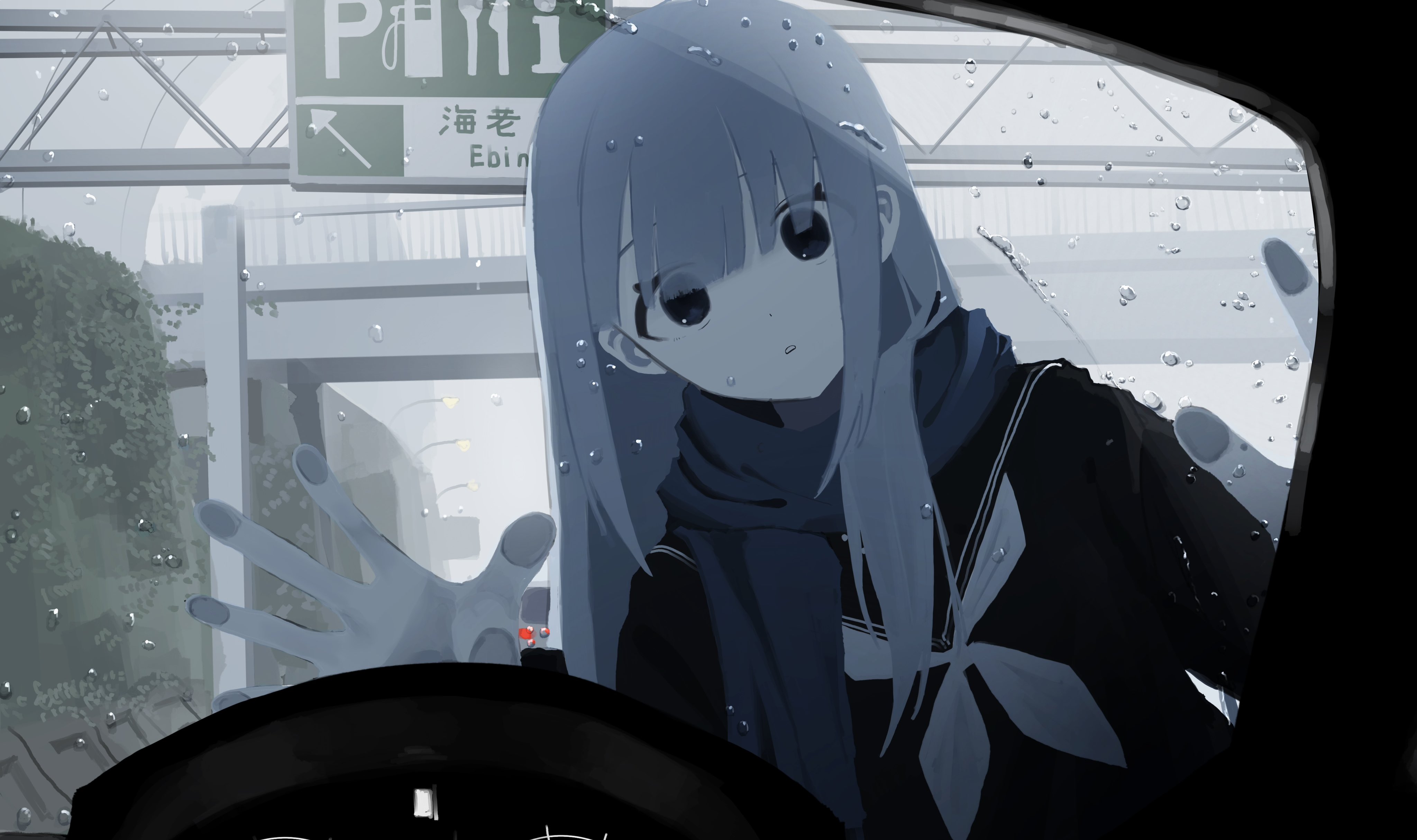 ijou (actorstrangeluv), absurdres, character request, copyright request, highres, 1girl, after rain, against glass, black sailor collar, black serafuku, blue hair, blue scarf, bridge, car interior, dot nose, eyes visible through hair, fog, hand on glass, long hair, looking at viewer, neckerchief, pale skin, palms, parted lips, pedestrian bridge, road sign, sailor collar, scarf, school uniform, serafuku, sign, solo, white neckerchief