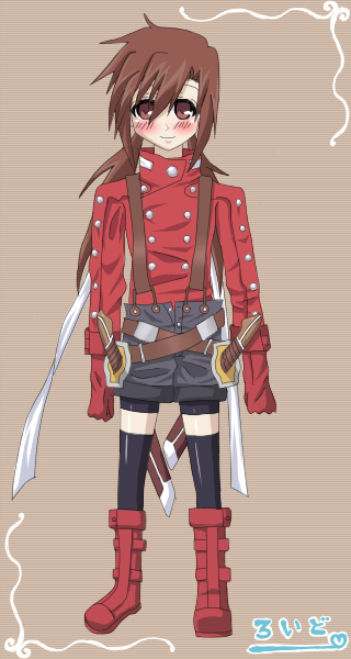 reno (kiriyakaito), lloyd irving, reno (ff7), final fantasy, final fantasy vii, tales of (series), tales of symphonia, bad id, bad pixiv id, gender request, 00s, bad anatomy, blush, boots, brown eyes, brown hair, genderswap, gloves, jacket, long hair, poorly drawn, red hair, shorts, solo, sword, thighhighs, twintails, weapon