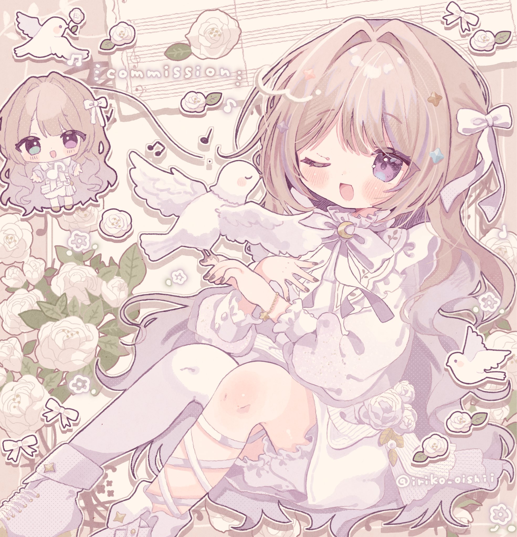 kamizakana iriko, indie virtual youtuber, commentary, commission, highres, skeb commission, 1girl, :d, ;d, bird, blue eyes, blush, bow, bowtie, brown hair, chibi, dress, full body, hair bow, heterochromia, long hair, long sleeves, one eye closed, open mouth, pigeon, purple eyes, sheet music, shoes, single thighhigh, sitting, smile, thighhighs, virtual youtuber, white bow, white bowtie, white dress, white shoes, white thighhighs, yunami toiro