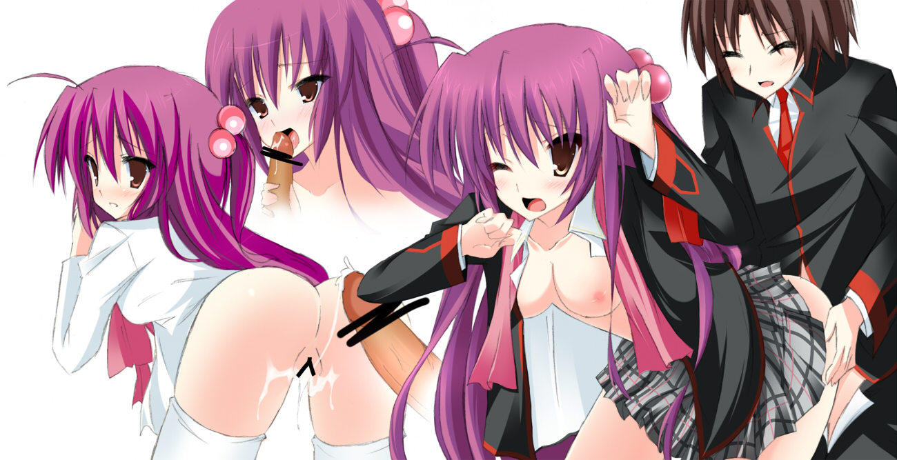 kuwashima hajimu oto, kuwashima rein, futaki kanata, naoe riki, saigusa haruka, little busters!, bad id, bad pixiv id, 1boy, 1girl, blush, breasts, brown eyes, brown hair, censored, closed eyes, cum, fellatio, hair ornament, hetero, long hair, medium breasts, multiple views, nipples, oral, penis, pink hair, plaid clothes, plaid skirt, ponytail, purple hair, pussy, school uniform, sex, side ponytail, skirt, thighhighs, vaginal