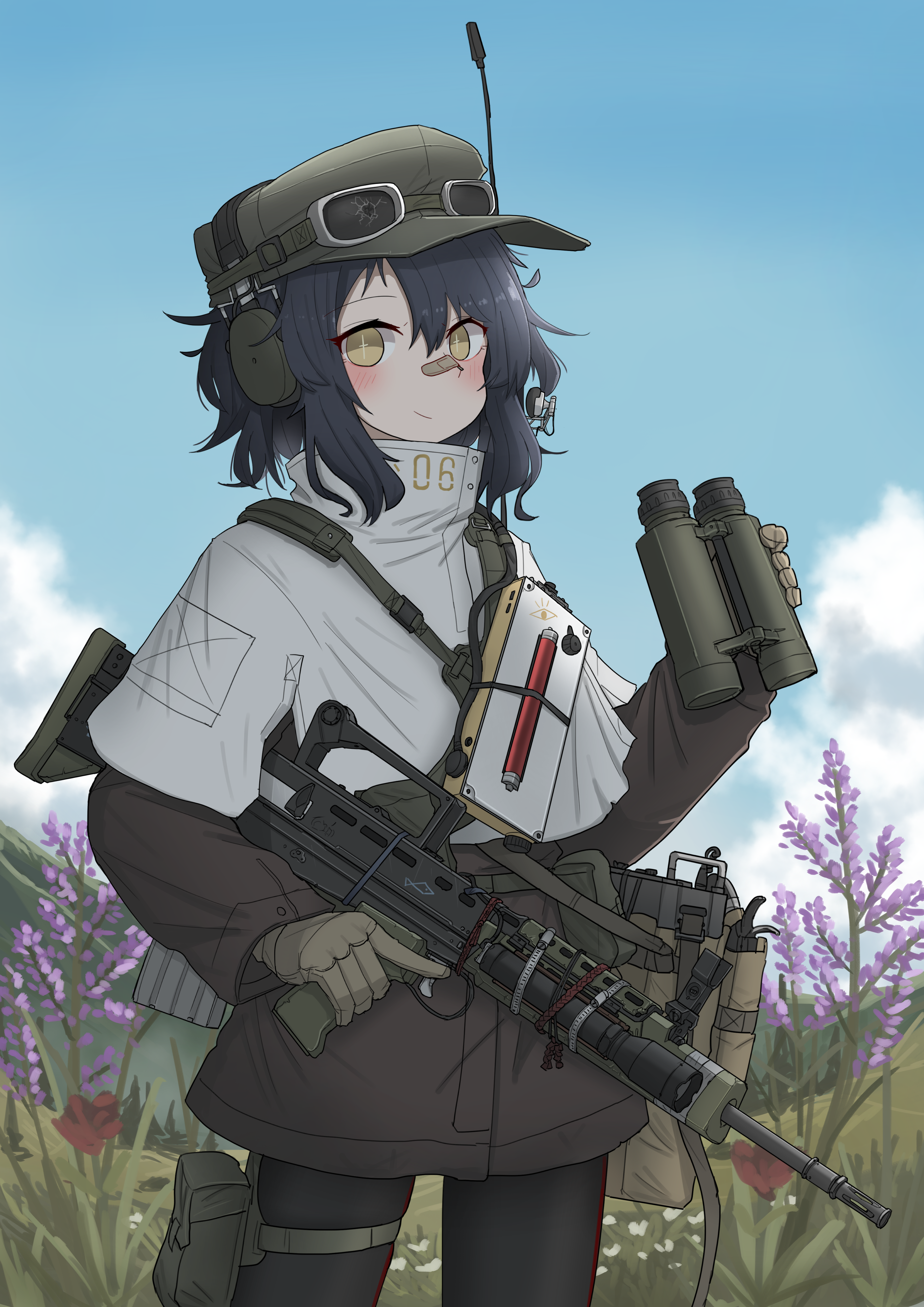 srtdrawart, trespasser, original, absurdres, commentary, english commentary, highres, + +, 1girl, assault rifle, bandaid, bandaid on face, bandaid on nose, binoculars, black hair, black leggings, blue sky, bullpup, cable tie, day, ear protection, field radio, flower, goggles, goggles on headwear, grass, gun, handgun, hat, holding, holding binoculars, holding gun, holding weapon, holstered, l85, leggings, messy hair, military, outdoors, pouch, radio antenna, rifle, scope, skirt, sky, smile, solo, tactical clothes, thigh pouch, weapon