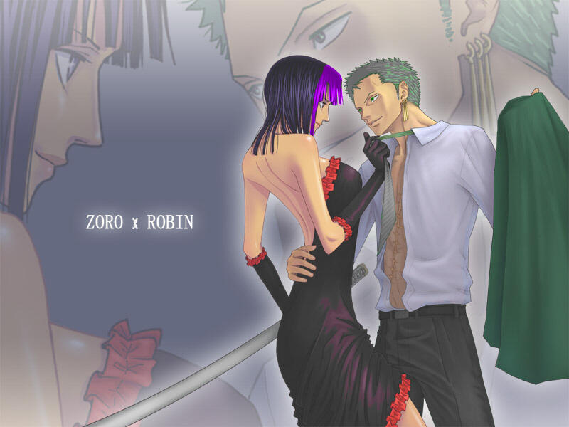 zugan (berugkamp), nico robin, roronoa zoro, one piece, 1boy, 1girl, dress, earrings, gloves, green hair, jewelry, katana, long hair, purple hair, short hair, sword, undressing, weapon, zoom layer