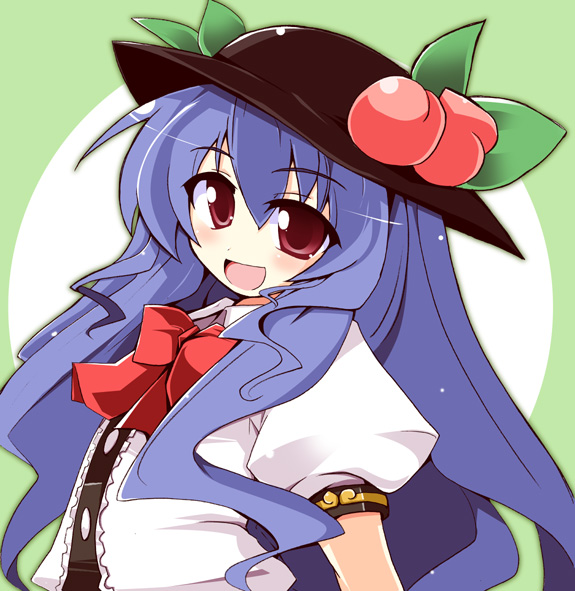 shirogane (platinum), hinanawi tenshi, touhou, 1girl, blue hair, female focus, food, fruit, hat, leaf, peach, red eyes, solo