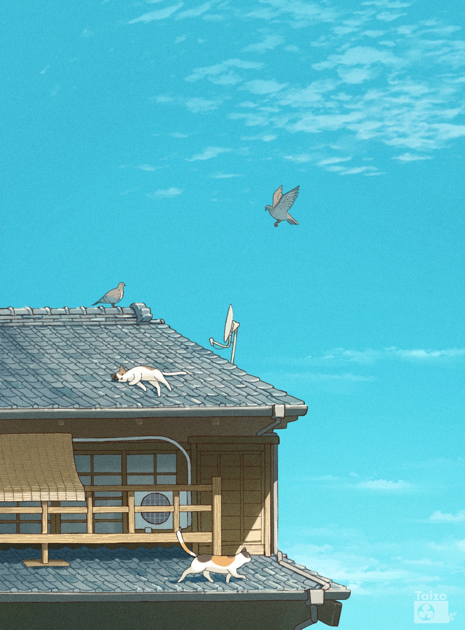 taizo (taizo 03), original, highres, air conditioner, animal, architecture, artist logo, artist name, bird, blue sky, building, calico (pattern), calico cat, cat, day, east asian architecture, house, logo, no humans, on roof, pigeon, satellite dish, scenery, sky