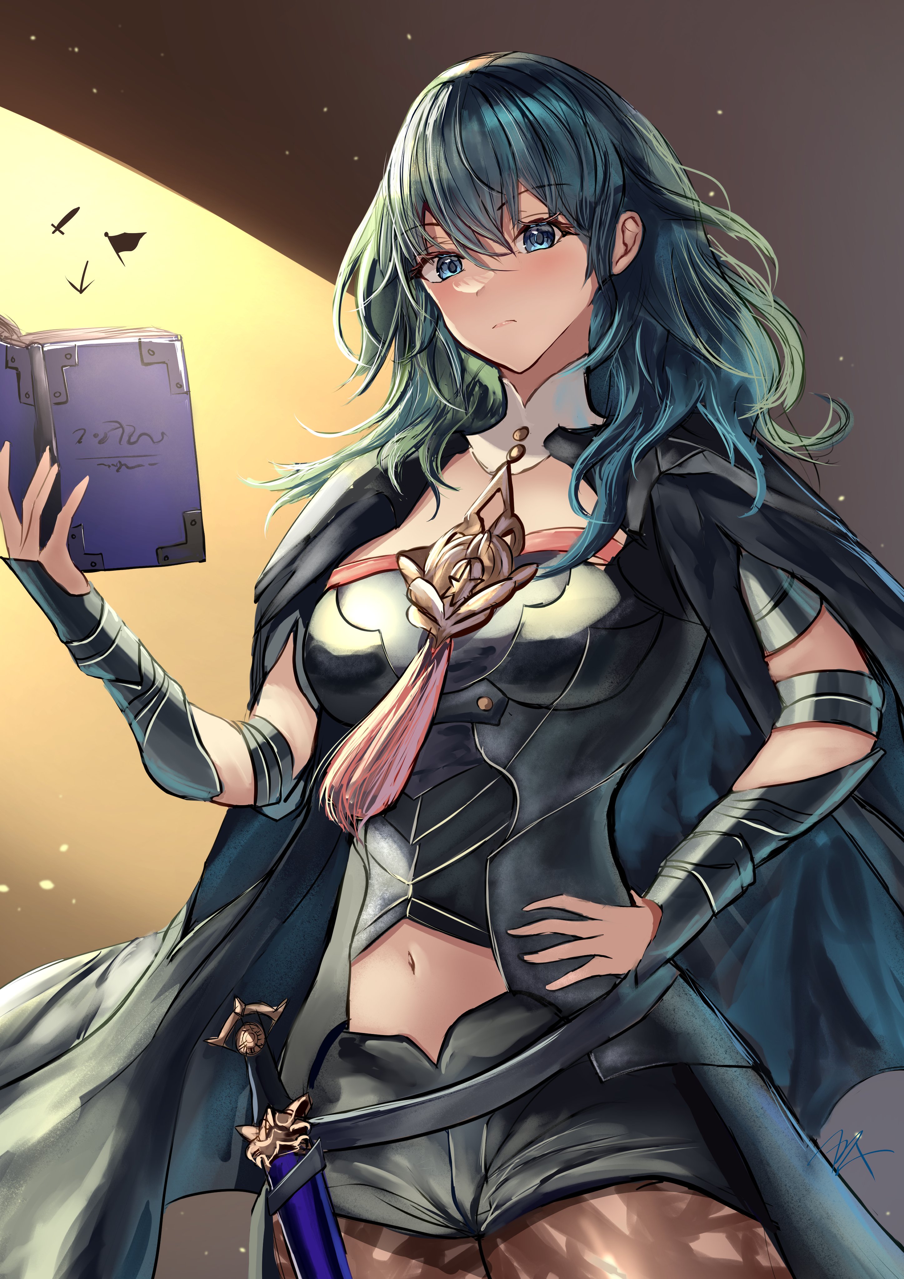 arerex, female byleth (fire emblem), fire emblem, fire emblem: three houses, nintendo, absurdres, highres, 1girl, black shorts, blue eyes, blue hair, blush, bodice, book, breasts, bustier, cape, closed mouth, clothing cutout, dagger, hair between eyes, holding, holding book, knife, lace pantyhose, long hair, looking at viewer, medium breasts, navel cutout, pantyhose, pantyhose under shorts, patterned legwear, print pantyhose, shorts, solo, vambraces, weapon