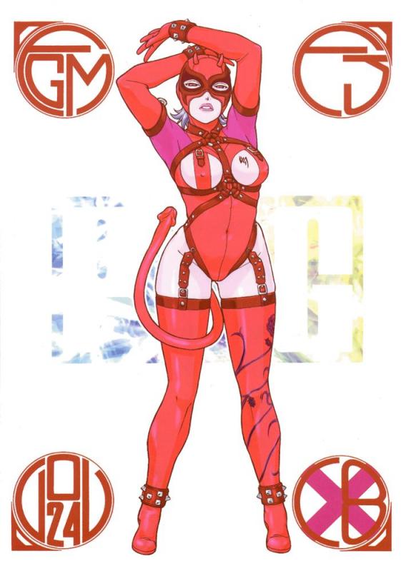 hinomoto fujiko, rumble roses, 1girl, arms up, bracelet, breasts, demon, evilrose, female focus, garter belt, horns, huge breasts, jewelry, leather, mask, purple hair, solo, spiked bracelet, spikes, strap, tail, tattoo, wrestler