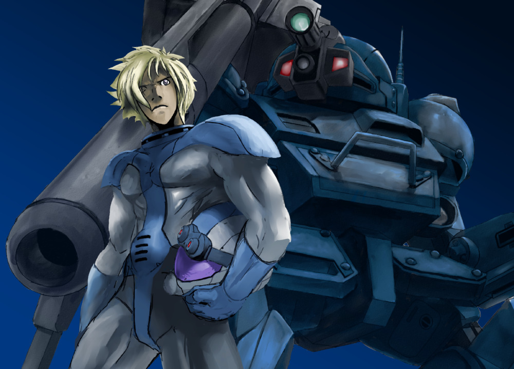 30ml, strikedog, ypsilon, soukou kihei votoms, pilot suit, bad id, bad pixiv id, 1boy, blonde hair, bodysuit, gloves, gradient background, gun, helmet, male focus, short hair, skin tight, solo, weapon